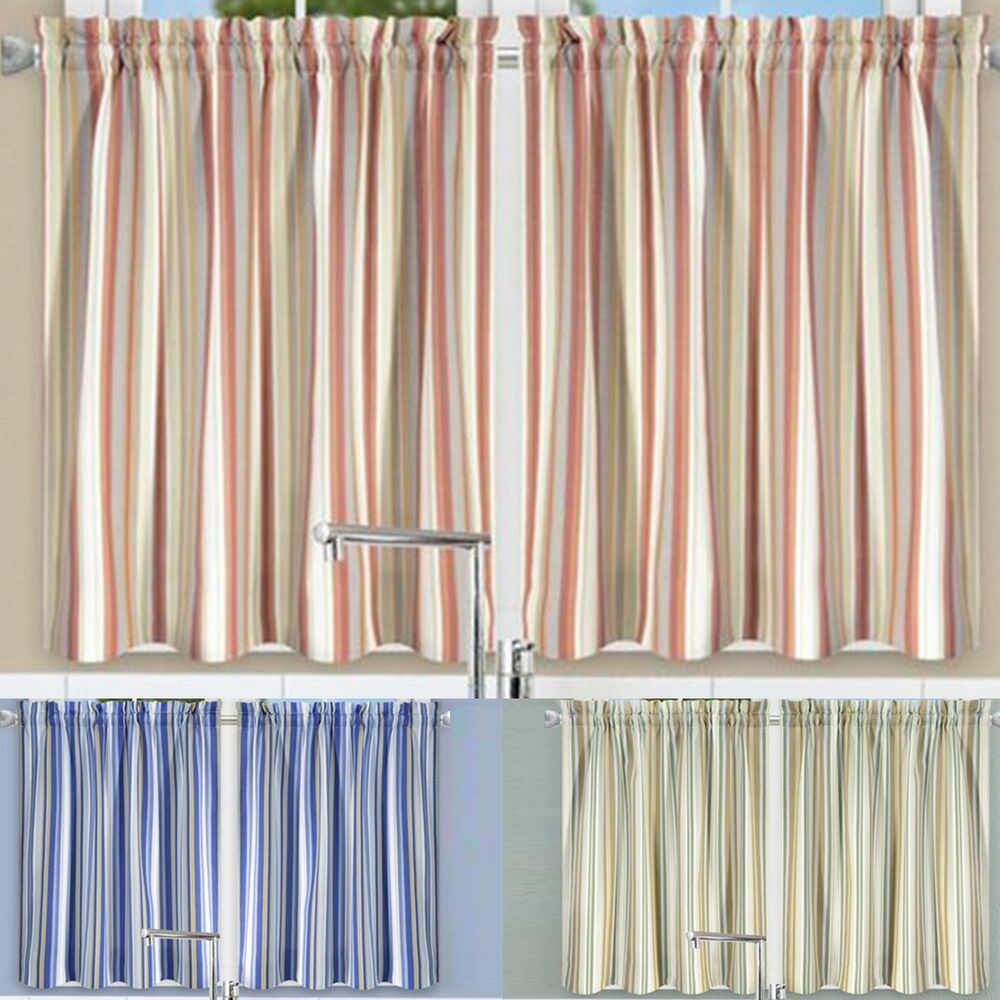 Mason Stripe 2 Piece Window Rod Pocket Pair With 2 Tiersellis Curtain,  56x24 | Ebay With Rod Pocket Cotton Solid Color Ruched Ruffle Kitchen Curtains (Photo 14 of 20)