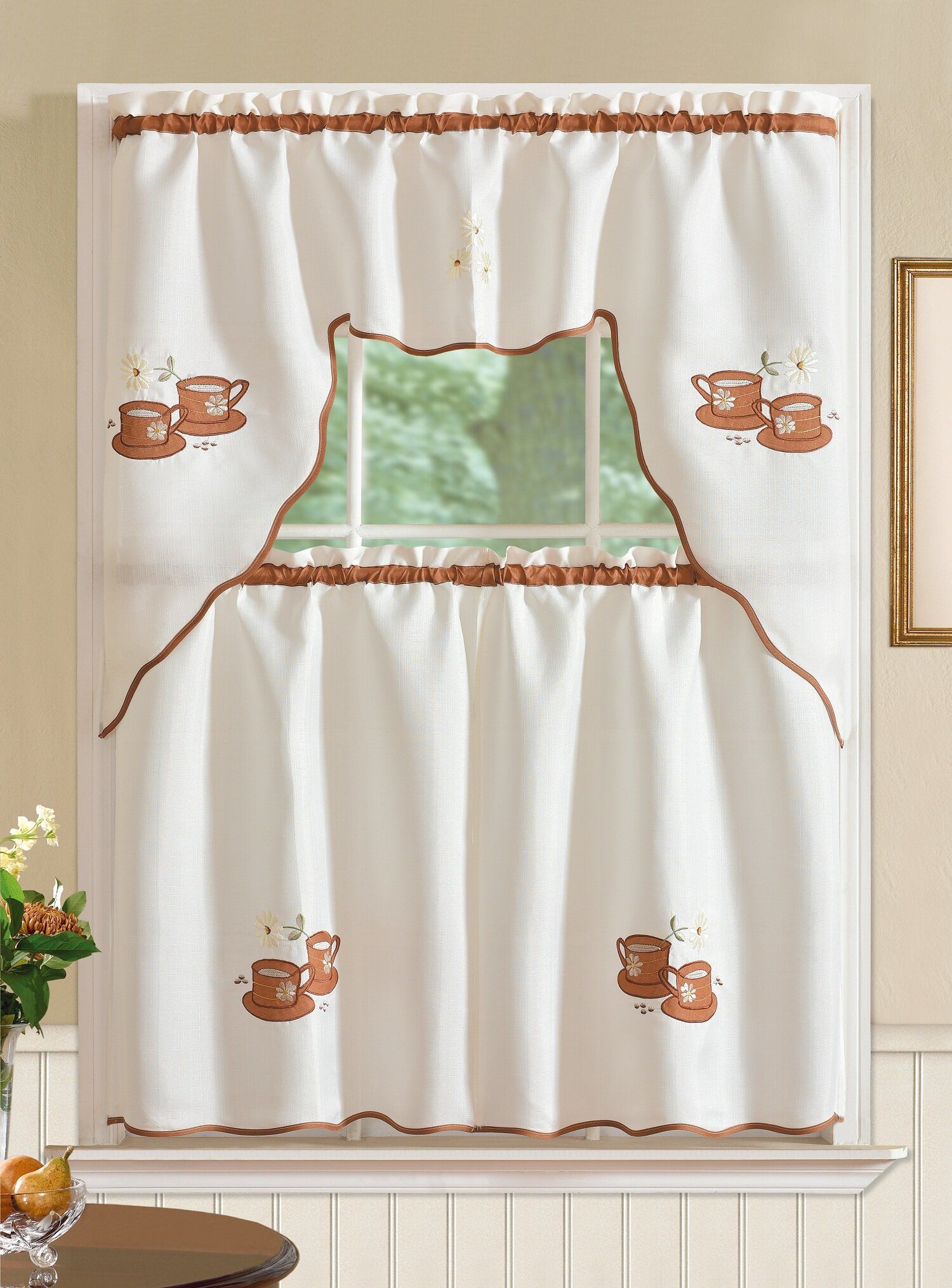 Mayer Coffee 3 Piece Kitchen Curtain Set With Regard To Twill 3 Piece Kitchen Curtain Tier Sets (View 16 of 20)