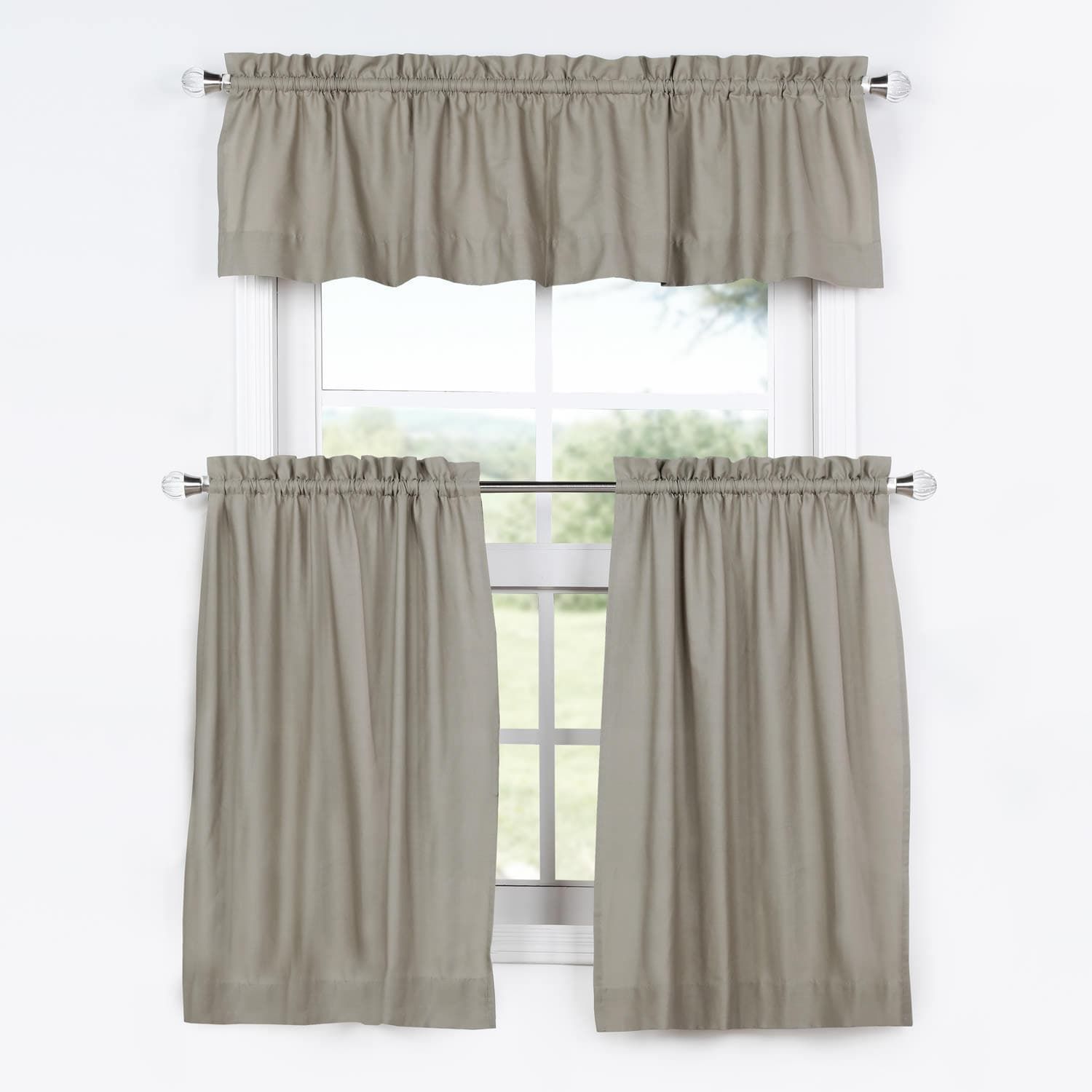 Millstone Gray Solid Cotton Kitchen Tier Curtain & Valance In Grey Window Curtain Tier And Valance Sets (Photo 14 of 20)