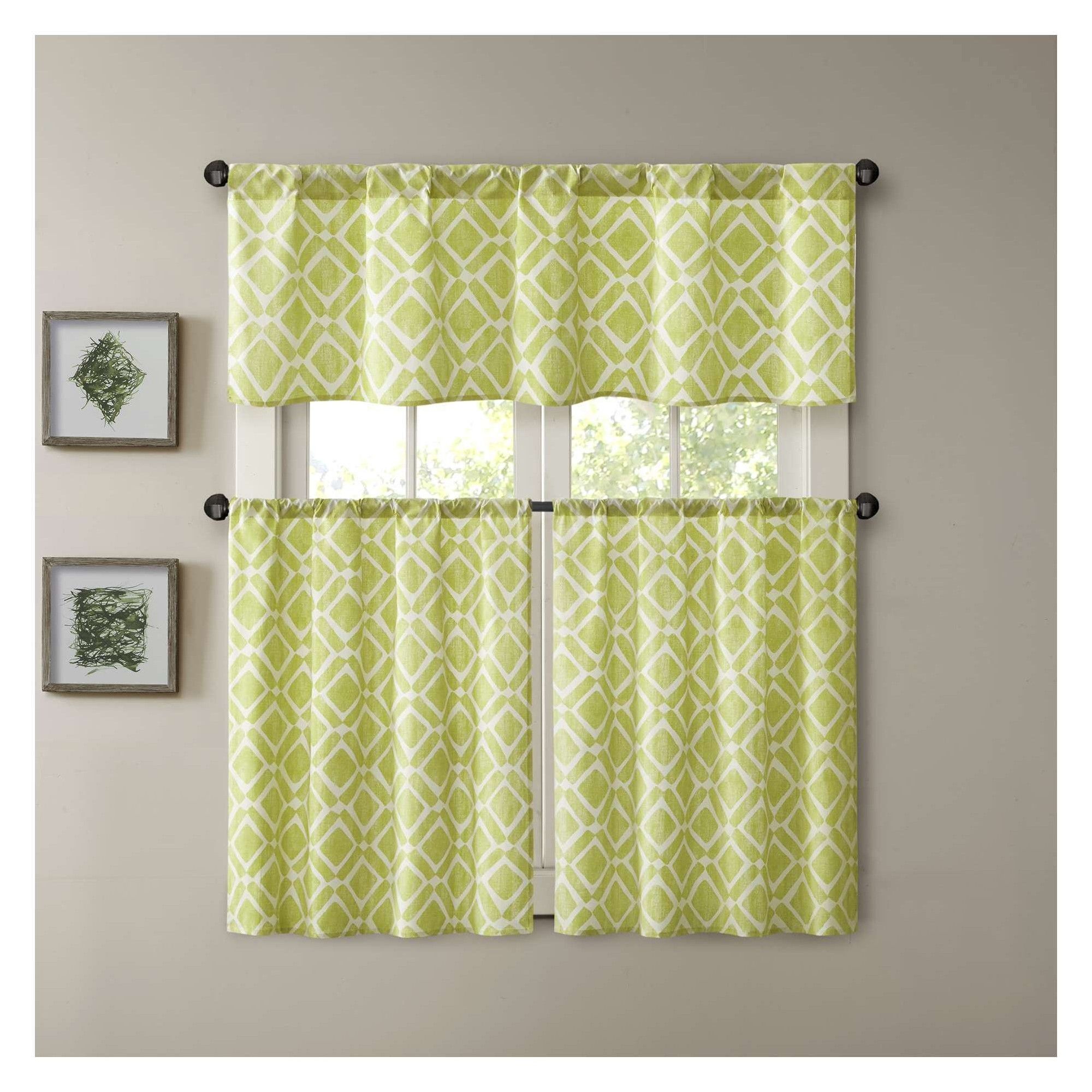 Natalie Printed Diamond Kitchen Tier Green (60x24"), Size For Twill 3 Piece Kitchen Curtain Tier Sets (View 4 of 20)