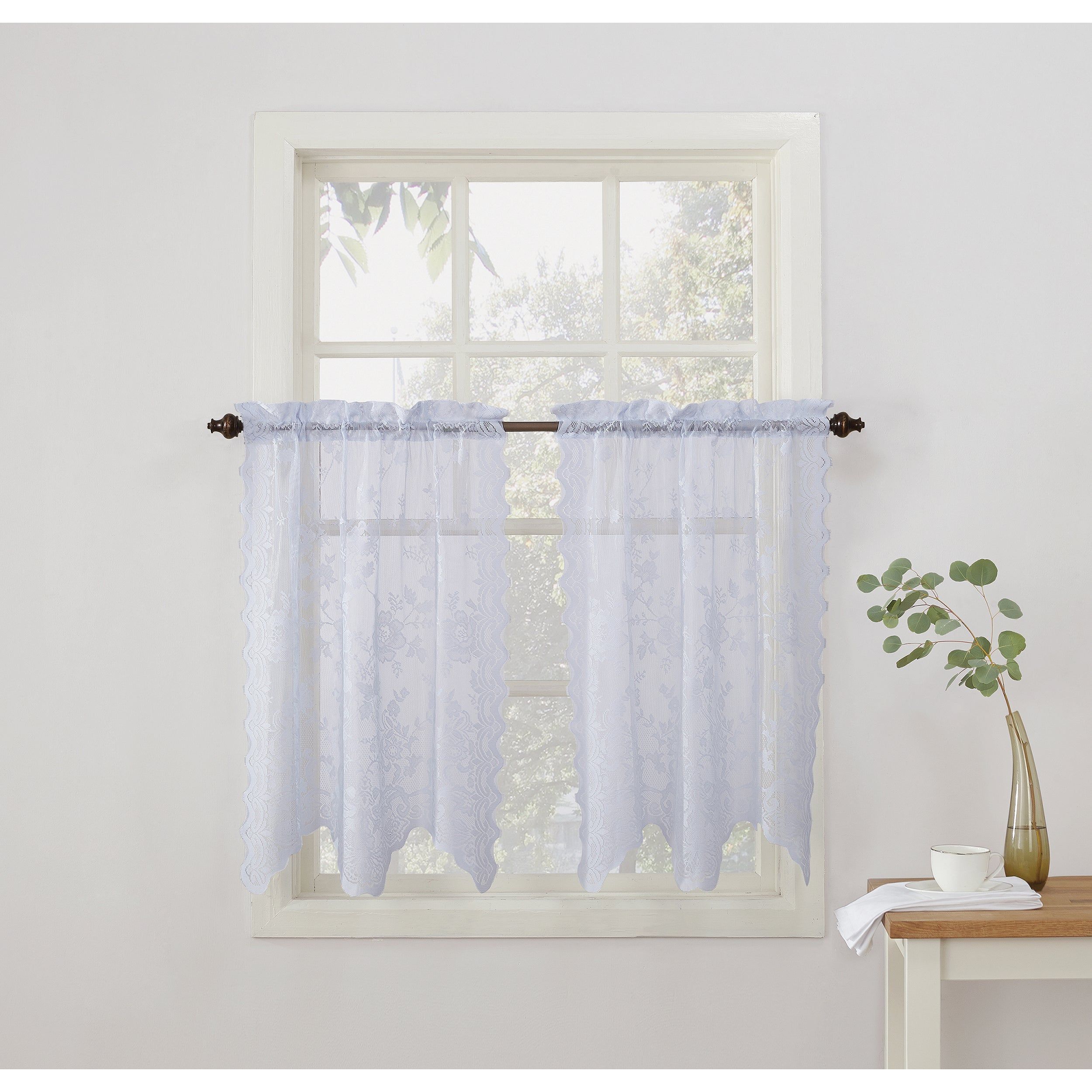 No. 918 Alison Sheer Lace Elongated Kitchen Curtain Tier Pair Pertaining To White Knit Lace Bird Motif Window Curtain Tiers (Photo 17 of 20)
