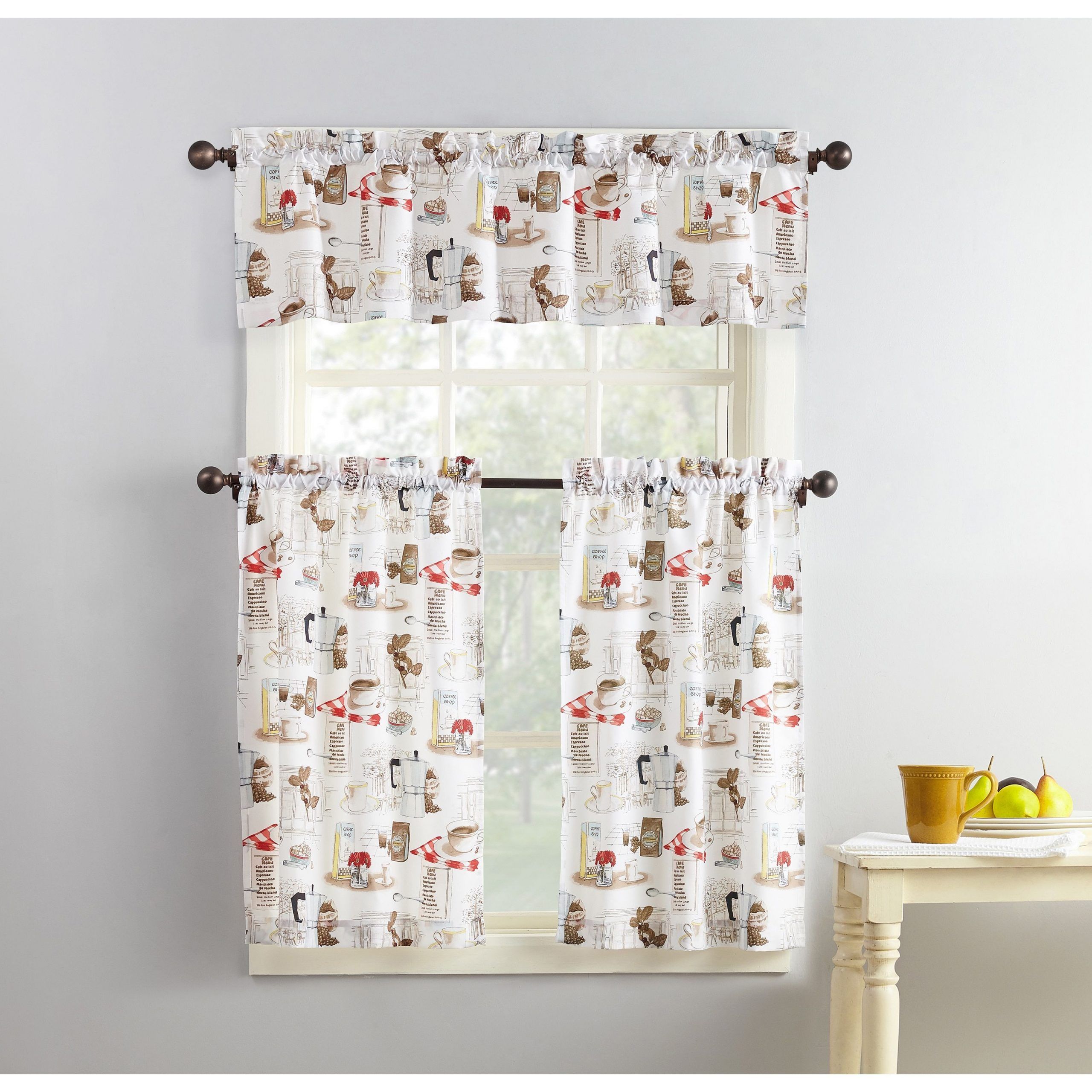 No. 918 Brew Coffee Shop Microfiber 3 Piece Kitchen Curtain For Microfiber 3 Piece Kitchen Curtain Valance And Tiers Sets (Photo 2 of 20)