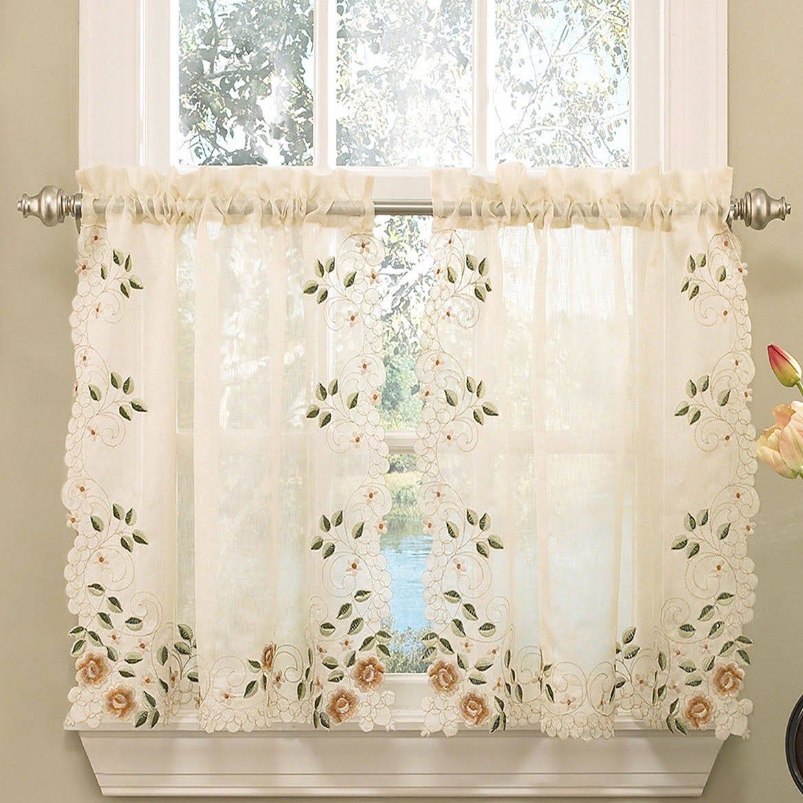Old World Floral Embroidered Sheer Kitchen Curtain Parts  Tiers, Swags And  Valances Pertaining To Floral Embroidered Sheer Kitchen Curtain Tiers, Swags And Valances (View 7 of 20)