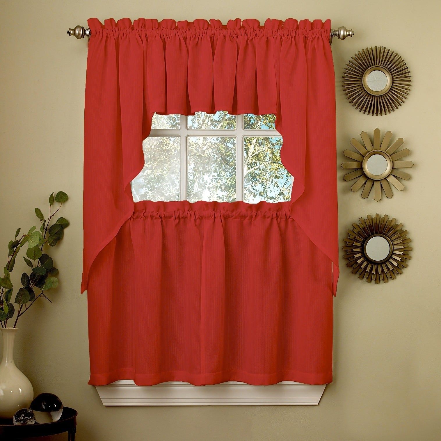 Opaque Red Ribcord Kitchen Curtain Pieces – Tiers/ Valances/ Swags Inside Lodge Plaid 3 Piece Kitchen Curtain Tier And Valance Sets (Photo 18 of 20)