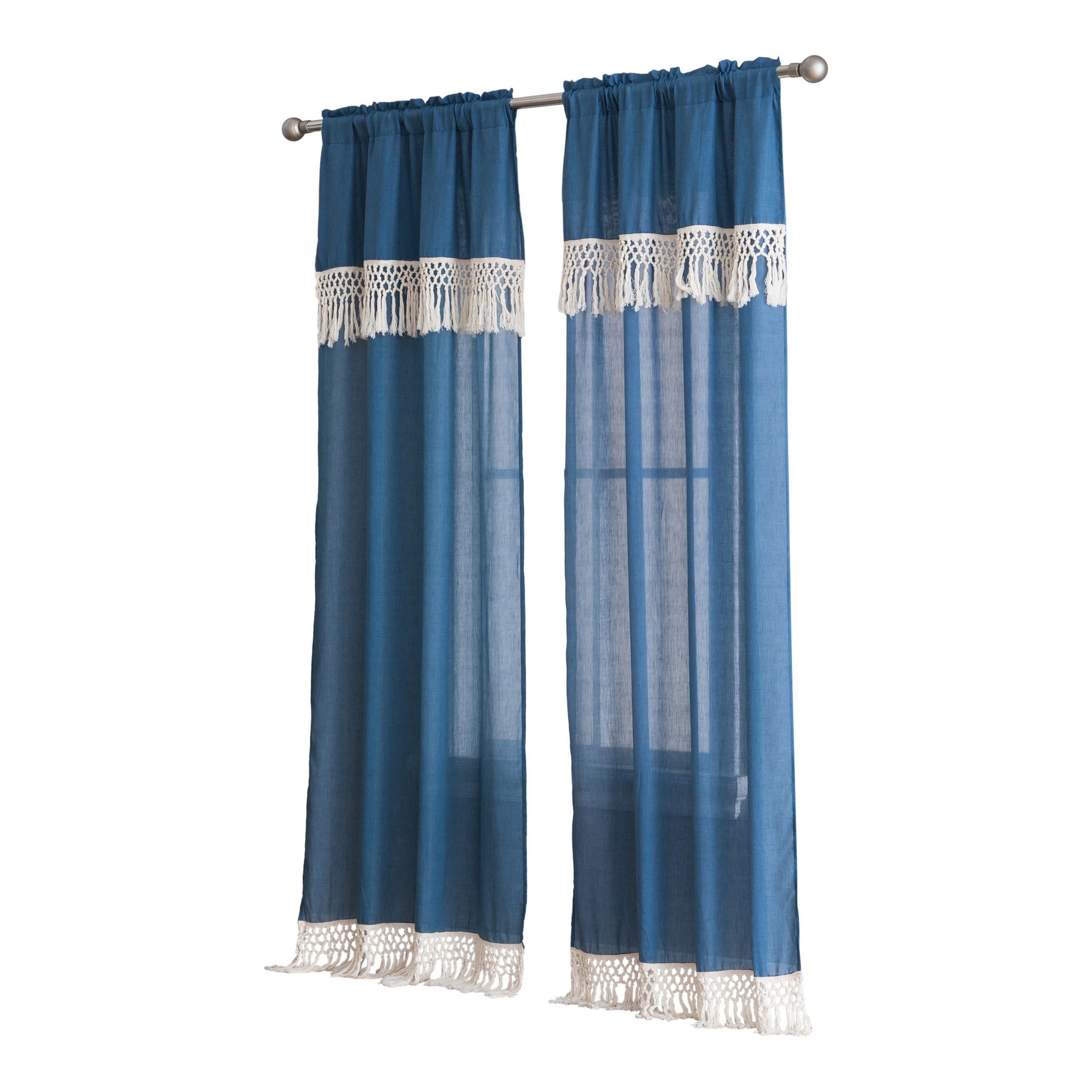 Peach & Oak, Lydia Single Window Panel – Blue With Fringe – 84" Regarding Class Blue Cotton Blend Macrame Trimmed Decorative Window Curtains (View 15 of 20)