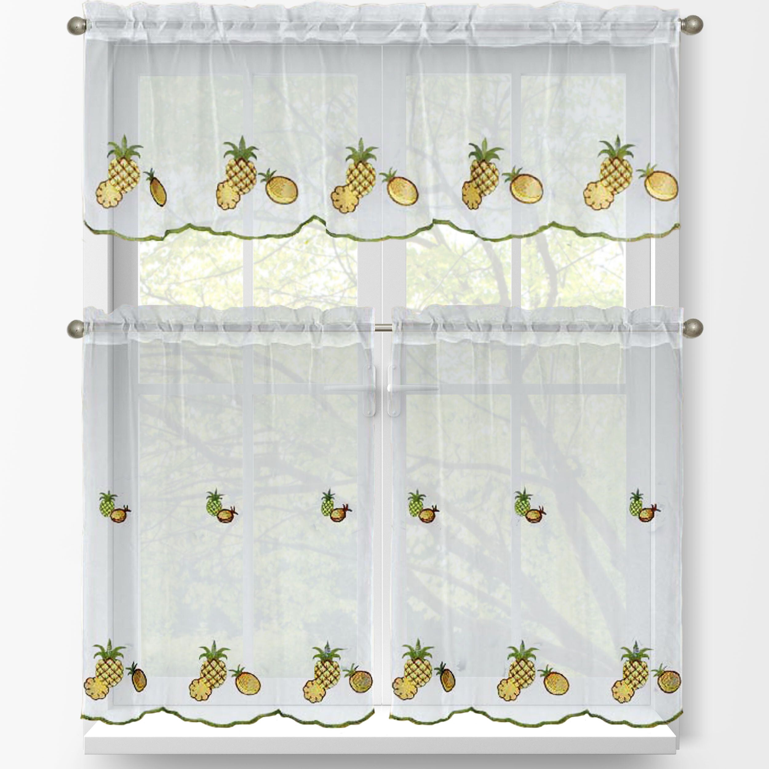 Pineapple 3 Piece Embroidered Kitchen Tier And Valance Set Intended For Kitchen Curtain Tiers (View 4 of 20)