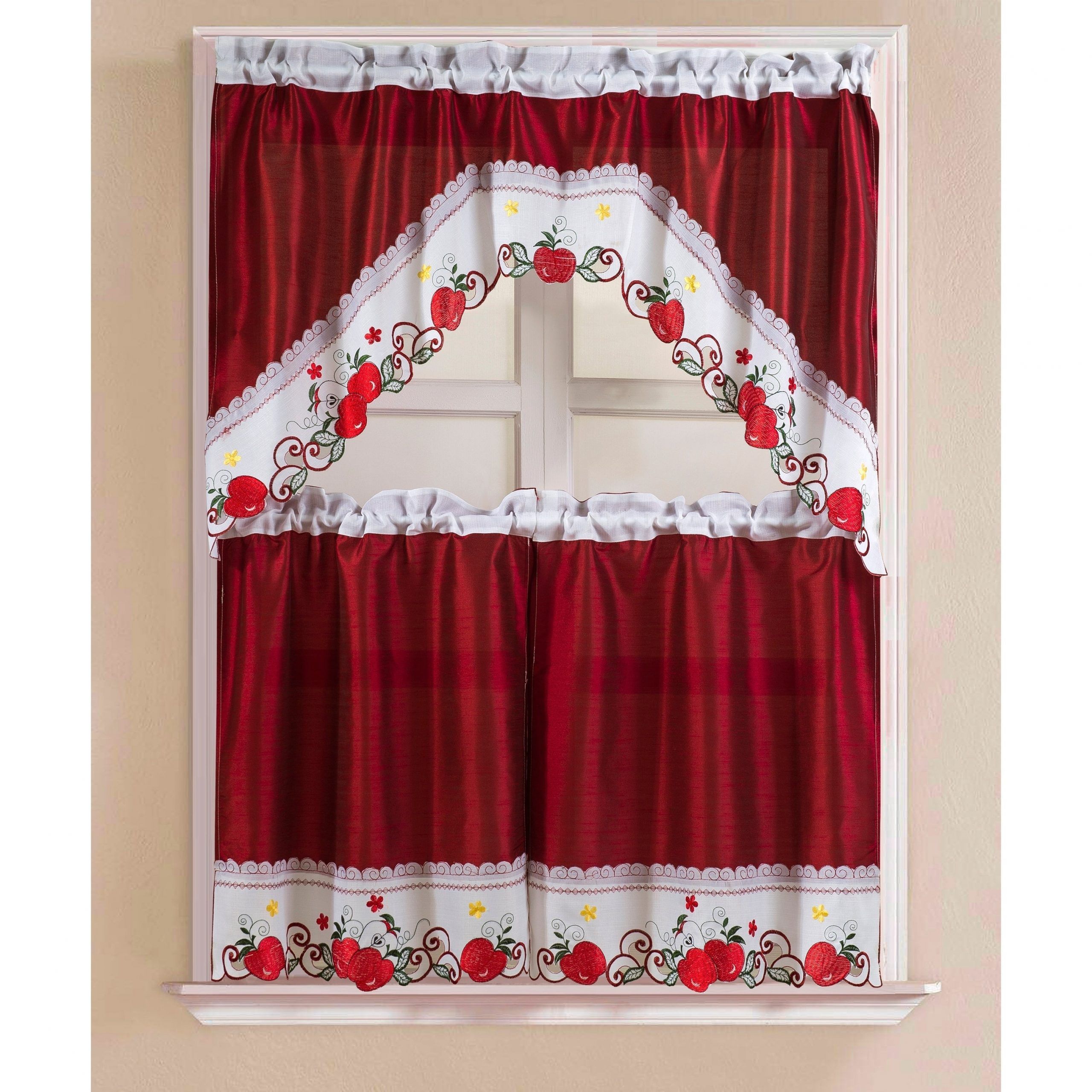 Porch & Den Eastview Faux Silk 3 Piece Kitchen Curtain Set Intended For Red Delicious Apple 3 Piece Curtain Tiers (View 2 of 20)