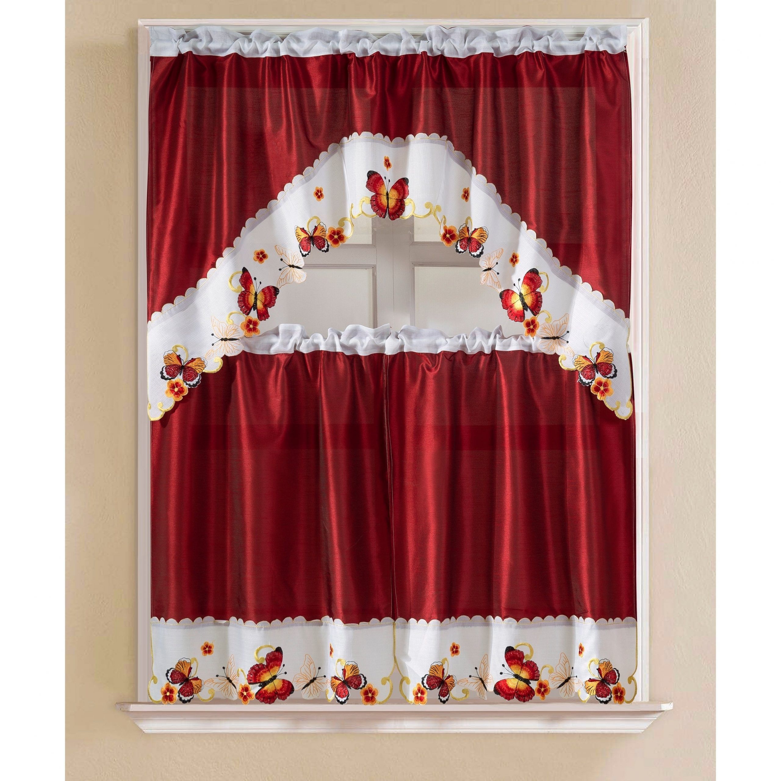 Porch & Den Eastview Faux Silk 3 Piece Kitchen Curtain Set With Imperial Flower Jacquard Tier And Valance Kitchen Curtain Sets (Photo 1 of 20)