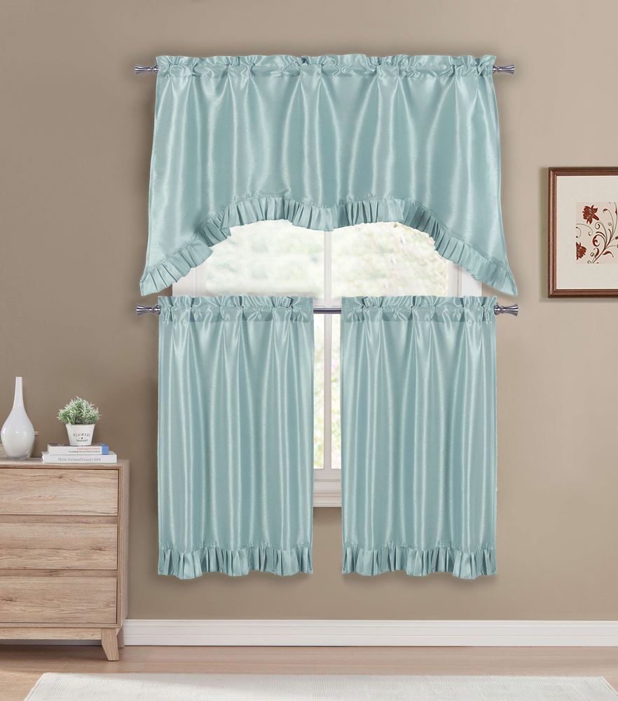 Premium Faux Silk Kitchen Window Curtain Drape Tier Pertaining To Twill 3 Piece Kitchen Curtain Tier Sets (View 6 of 20)