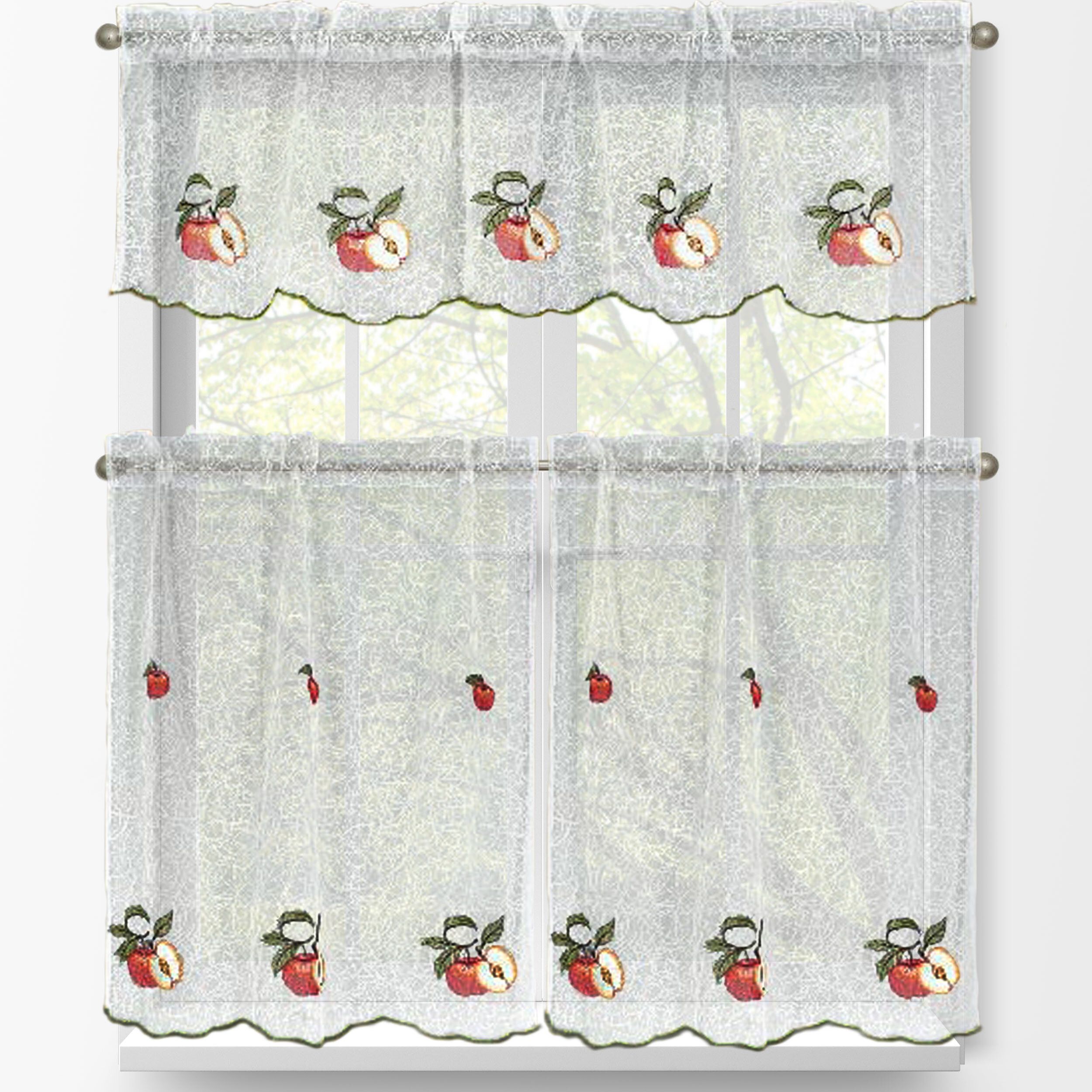 Red Apples 3 Piece Embroidered Kitchen Tier And Valance Set Throughout Delicious Apples Kitchen Curtain Tier And Valance Sets (View 12 of 20)