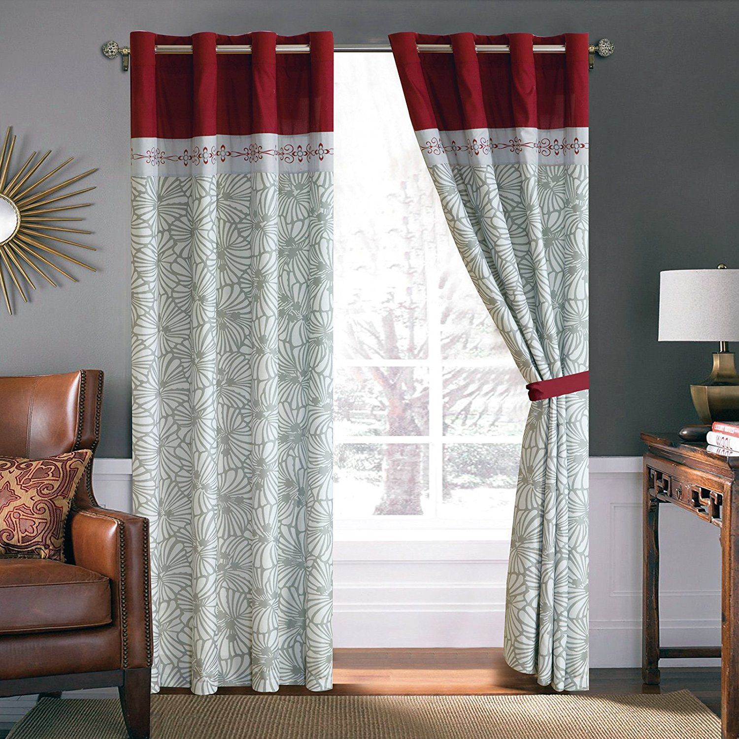 Red Burgundy Floral Window Curtains | Burgundy Curtains Regarding Kitchen Burgundy/white Curtain Sets (Photo 3 of 20)