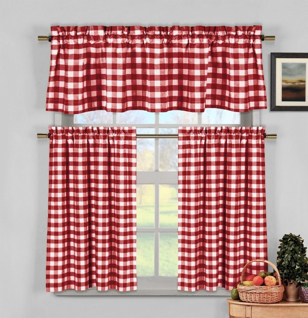 Red White Gingham Checkered Plaid Kitchen Tier Curtain Regarding Kitchen Window Tier Sets (View 19 of 20)