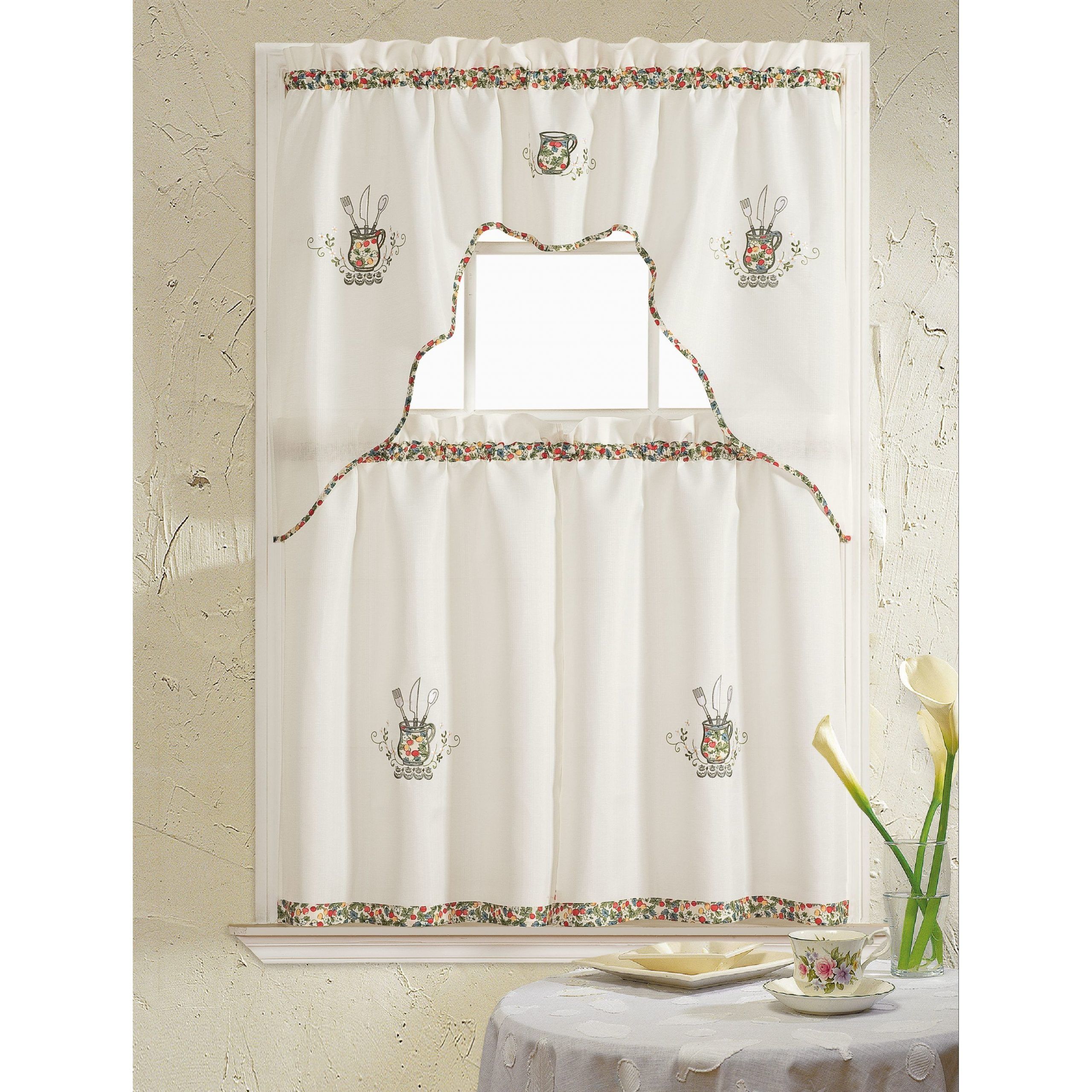 Rt Designers Collection Grand Silver Embroidered Kitchen Curtain Tier Set Inside Imperial Flower Jacquard Tier And Valance Kitchen Curtain Sets (View 7 of 20)