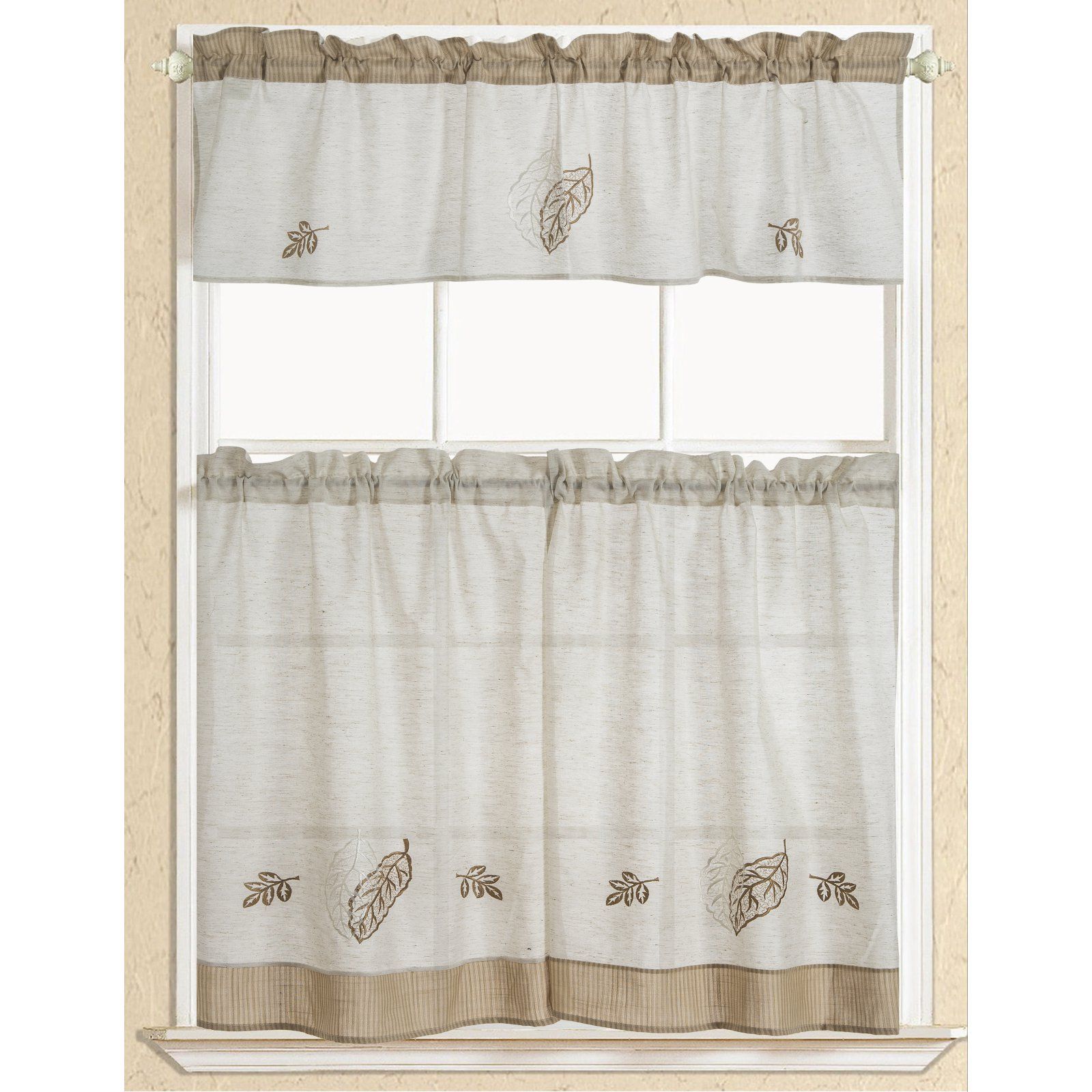 Rt Designers Collection Rustic Embroidered Leaf Kitchen Intended For Imperial Flower Jacquard Tier And Valance Kitchen Curtain Sets (View 3 of 20)