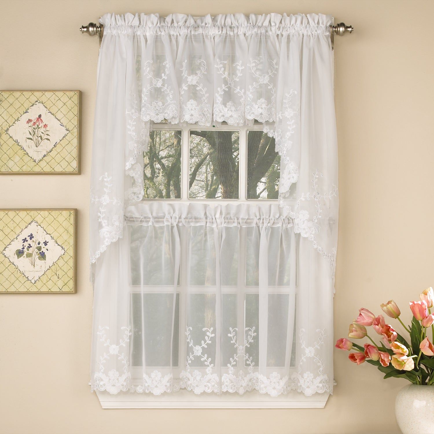 Sheer Voile Embroidered Scrolling Floral Leaf Pattern Window Curtain Pieces  – Tiers, Valance And Swag Pair Options In Floral Pattern Window Valances (Photo 20 of 20)