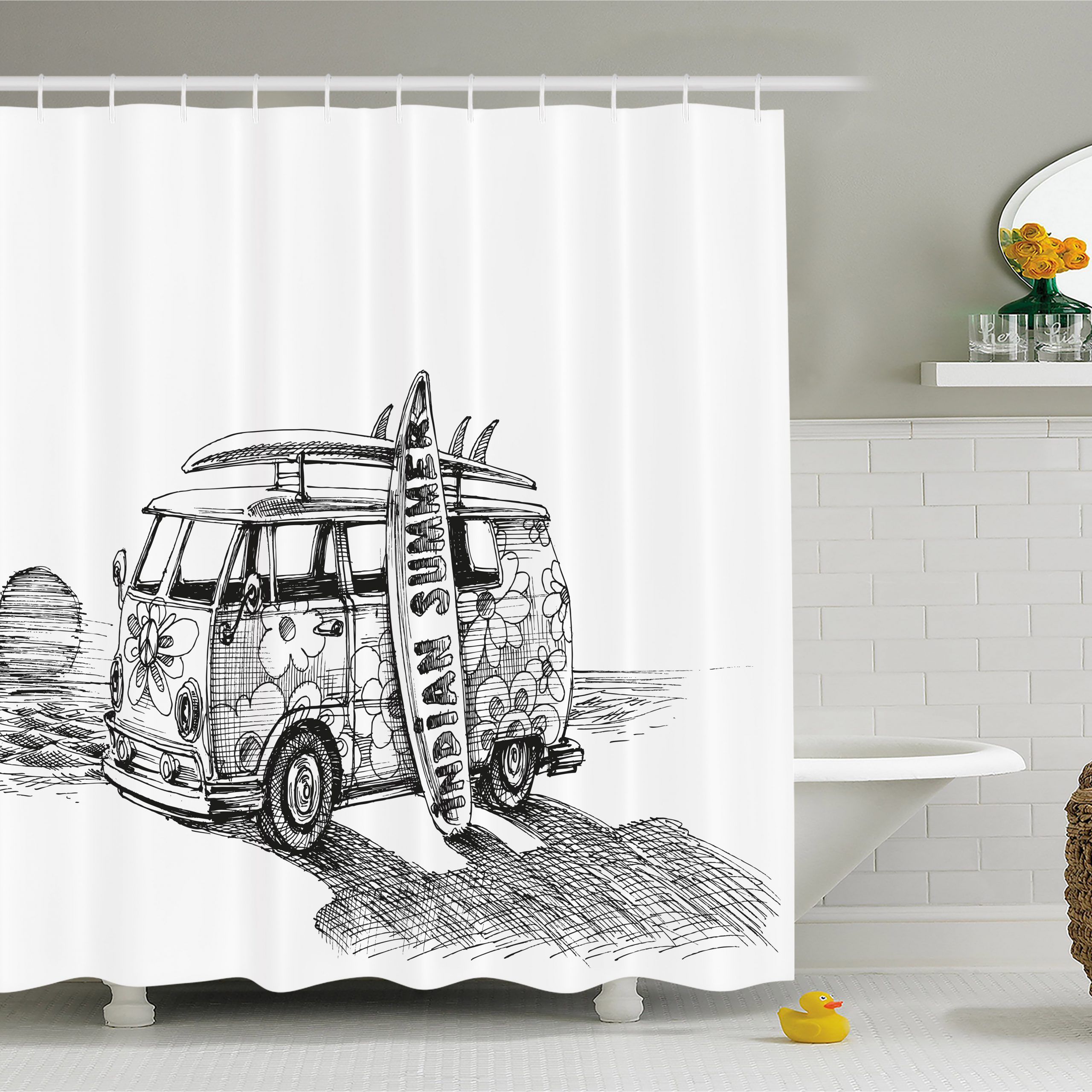 Sketchy Shower Curtain, Hot Summer Californian Surfing Vintage Car Sea  Shore Beach Art, Fabric Bathroom Set With Hooks, Black White And Charcoal  Grey, Regarding Vintage Sea Shore All Over Printed Window Curtains (Photo 5 of 20)