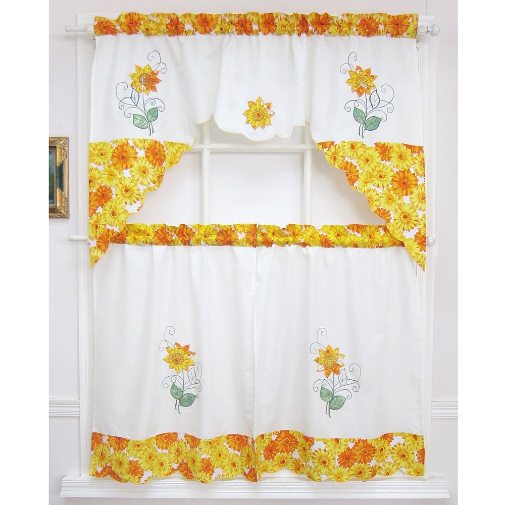 Spring Daisy Tiered Curtain 3 Piece Set Regarding Traditional Tailored Window Curtains With Embroidered Yellow Sunflowers (View 9 of 20)