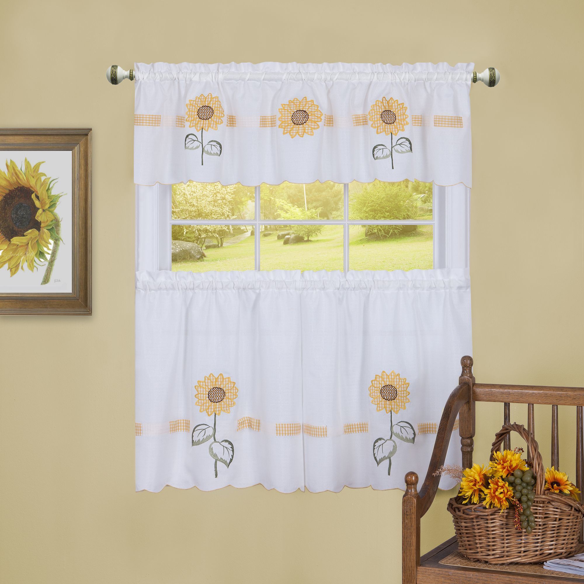 Sun Blossoms Embellished Tier And Valance Window Curtain Set With Regard To Lemon Drop Tier And Valance Window Curtain Sets (View 7 of 20)