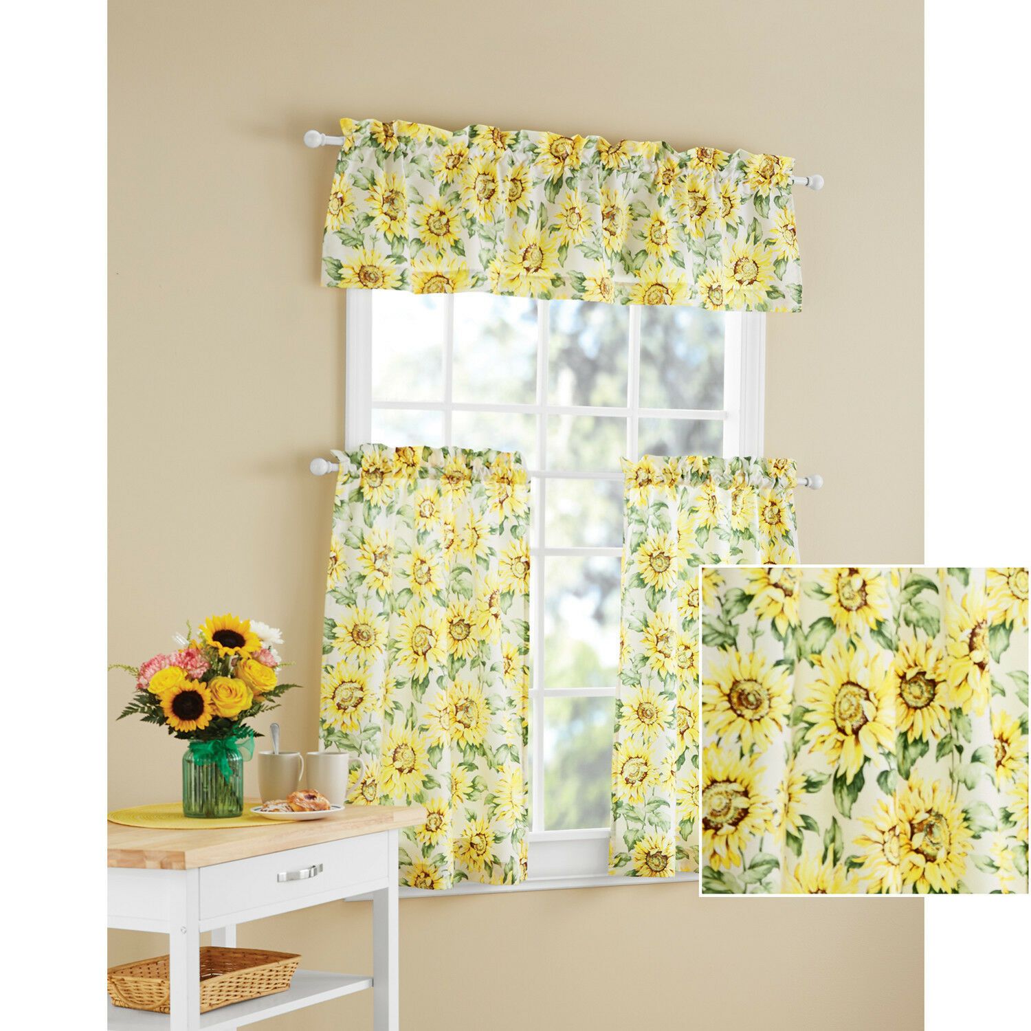 Sunflower 3 Piece Kitchen Curtain Tier And Valance Set Home Decor Room  Window In Lodge Plaid 3 Piece Kitchen Curtain Tier And Valance Sets (Photo 3 of 20)