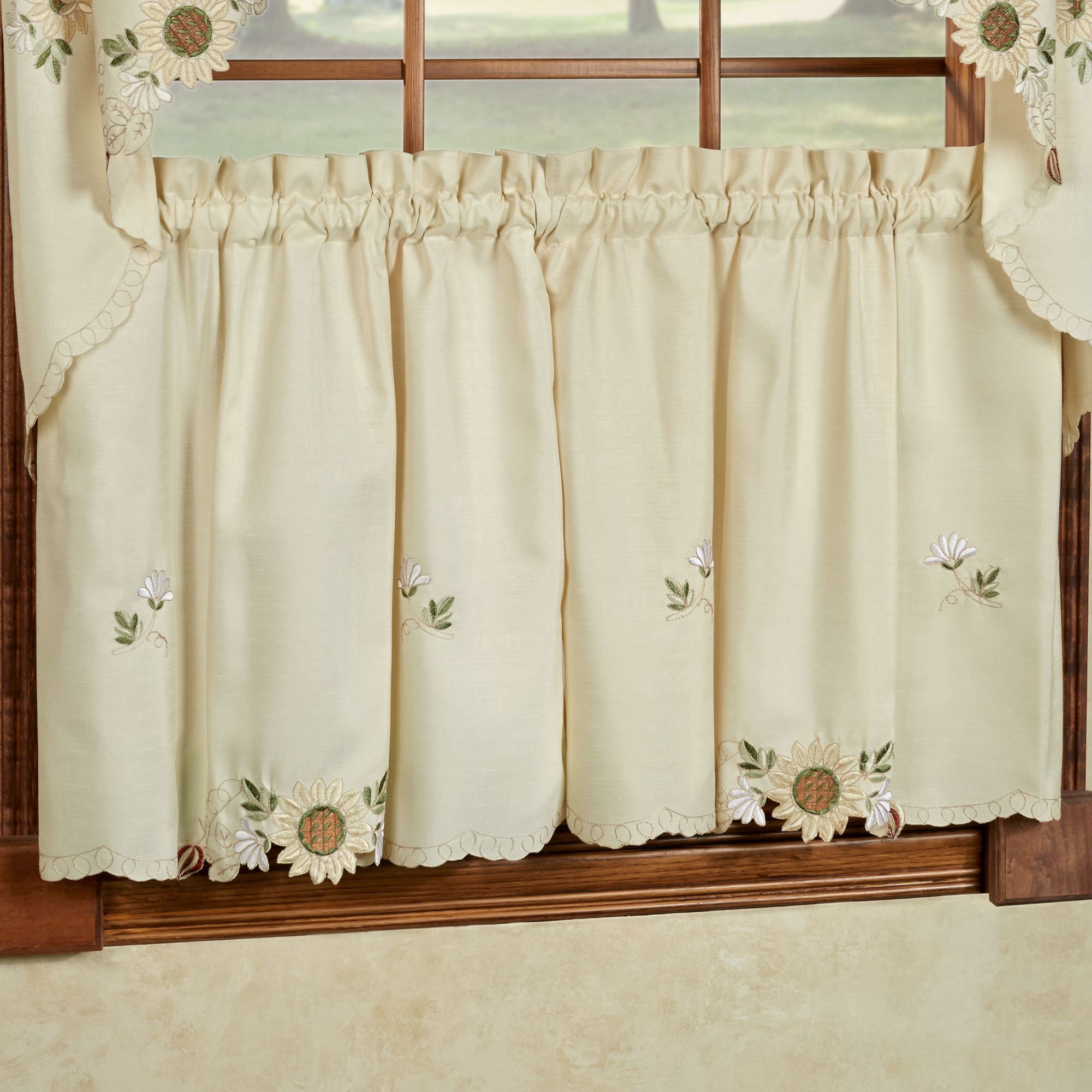 Sunflower Embroidered Tier Window Treatment In Traditional Tailored Window Curtains With Embroidered Yellow Sunflowers (View 6 of 20)