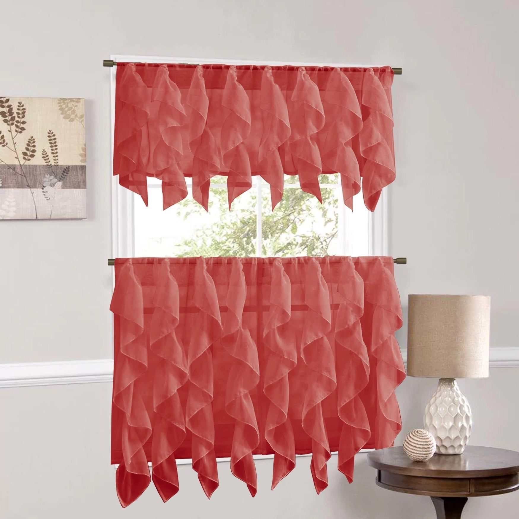 Sweet Home Collection Burgundy Vertical Ruffled Waterfall Valance And  Curtain Tiers Throughout Vertical Ruffled Waterfall Valances And Curtain Tiers (View 4 of 20)