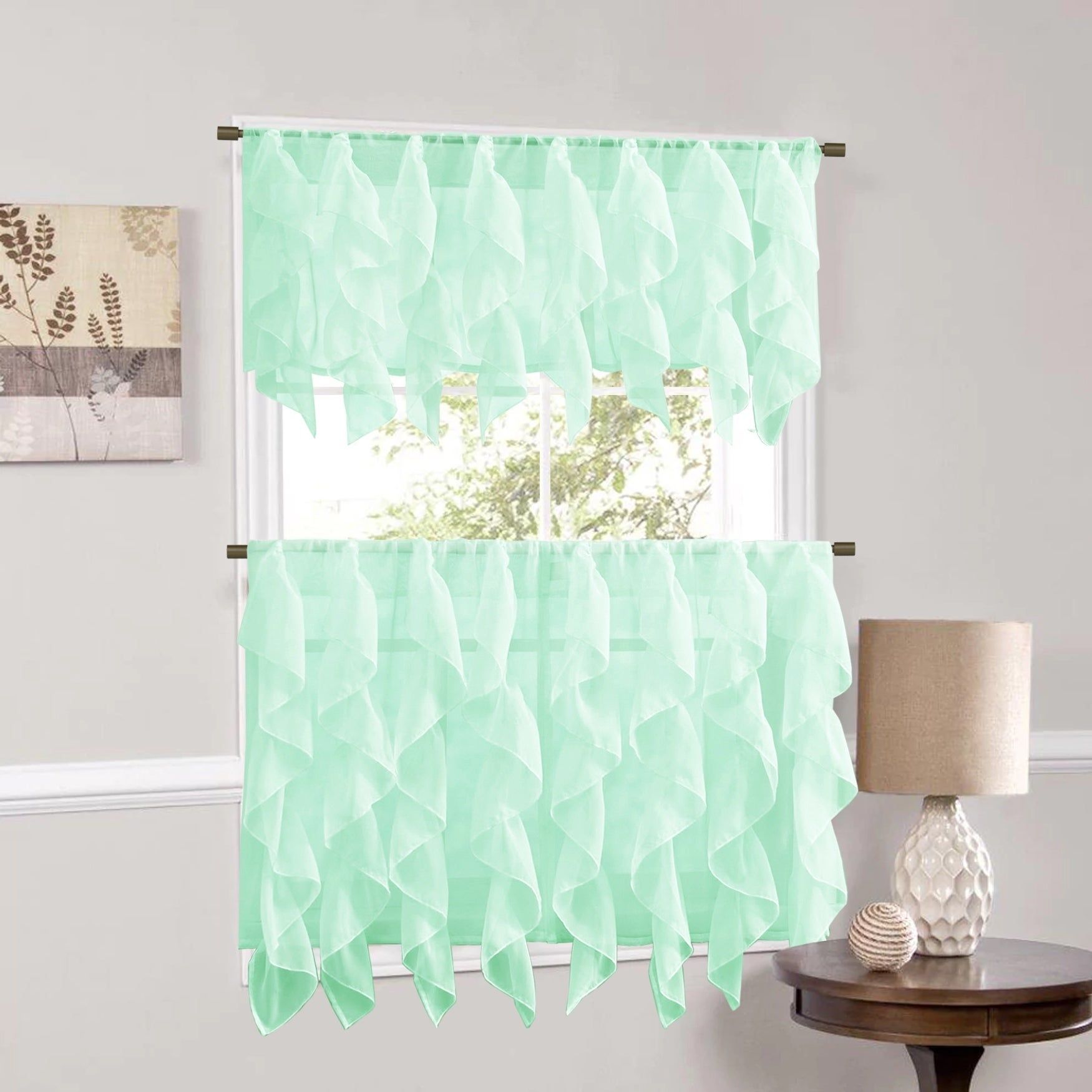 Sweet Home Collection Mint Vertical Ruffled Waterfall Valance And Curtain  Tiers Intended For Navy Vertical Ruffled Waterfall Valance And Curtain Tiers (Photo 4 of 20)