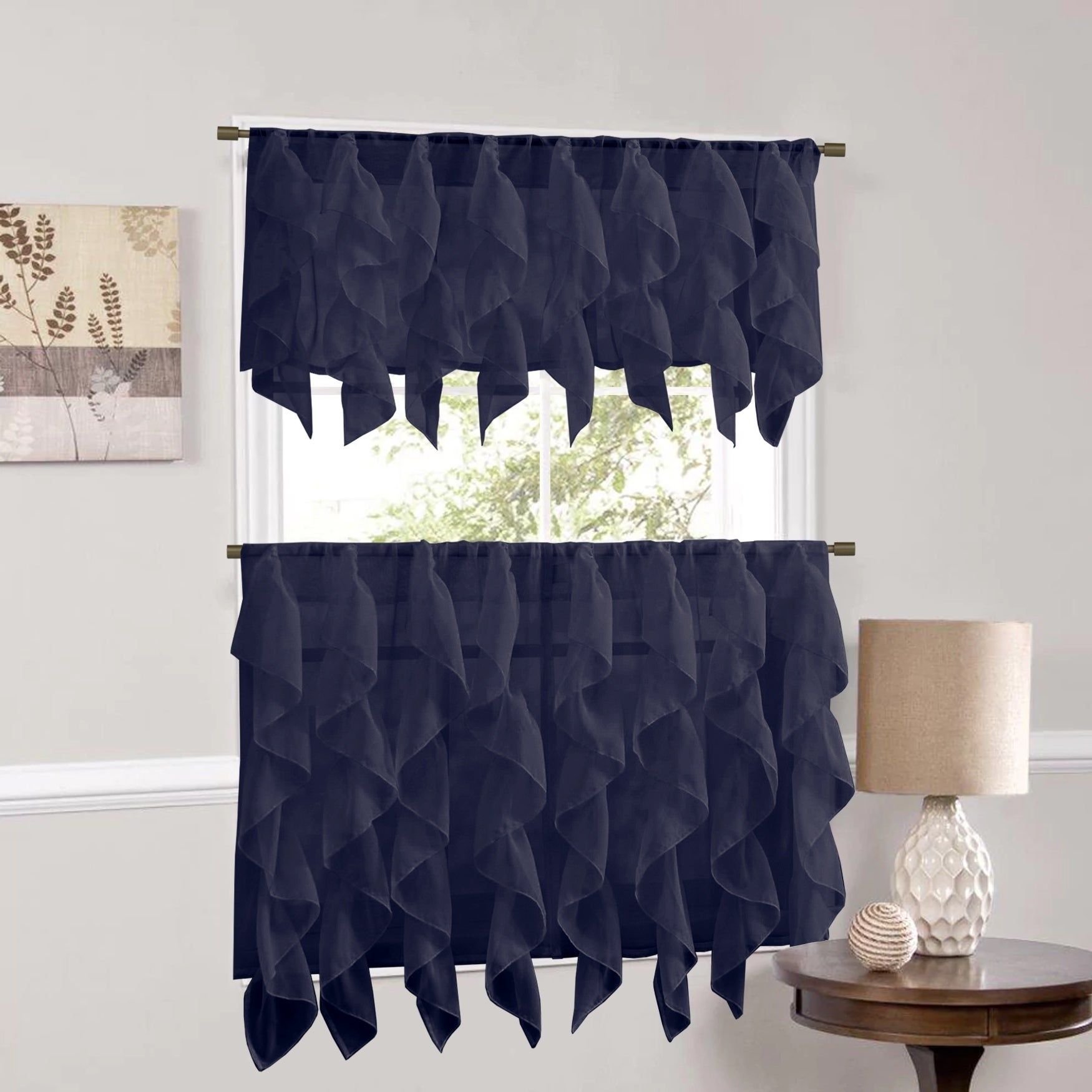 Sweet Home Collection Navy Vertical Ruffled Waterfall Valance And Curtain  Tiers In Vertical Ruffled Waterfall Valances And Curtain Tiers (Photo 2 of 20)
