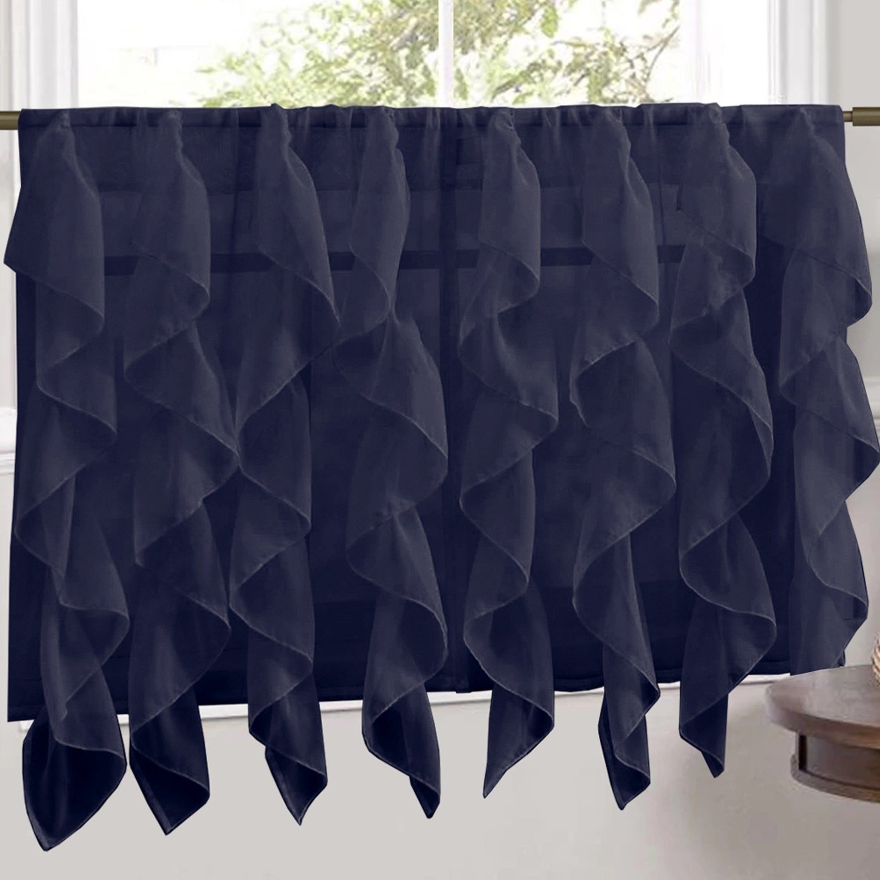 Sweet Home Collection Navy Vertical Ruffled Waterfall Valance And Curtain  Tiers Pertaining To Navy Vertical Ruffled Waterfall Valance And Curtain Tiers (View 5 of 20)