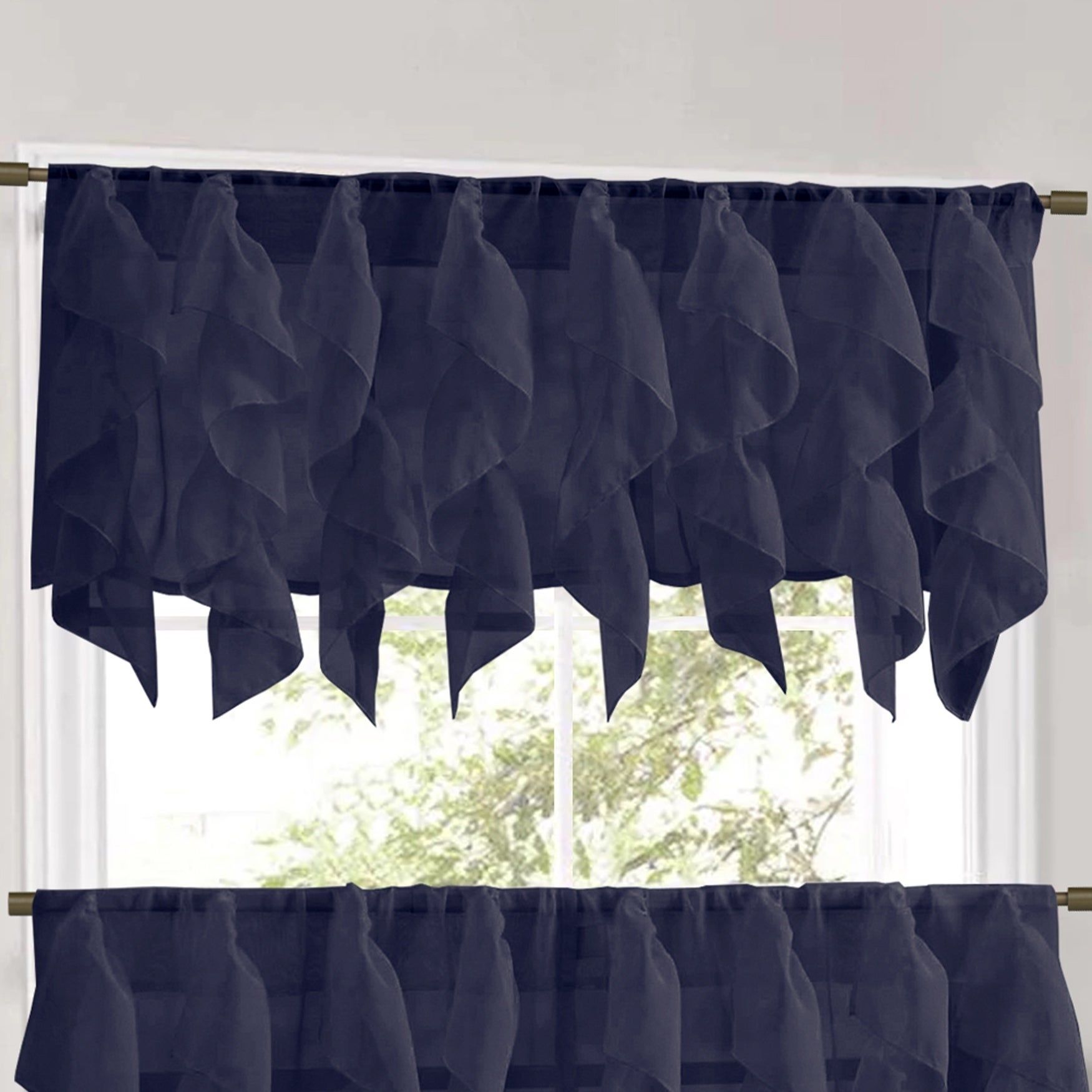 Sweet Home Collection Navy Vertical Ruffled Waterfall Valance And Curtain  Tiers Pertaining To Navy Vertical Ruffled Waterfall Valance And Curtain Tiers (View 2 of 20)