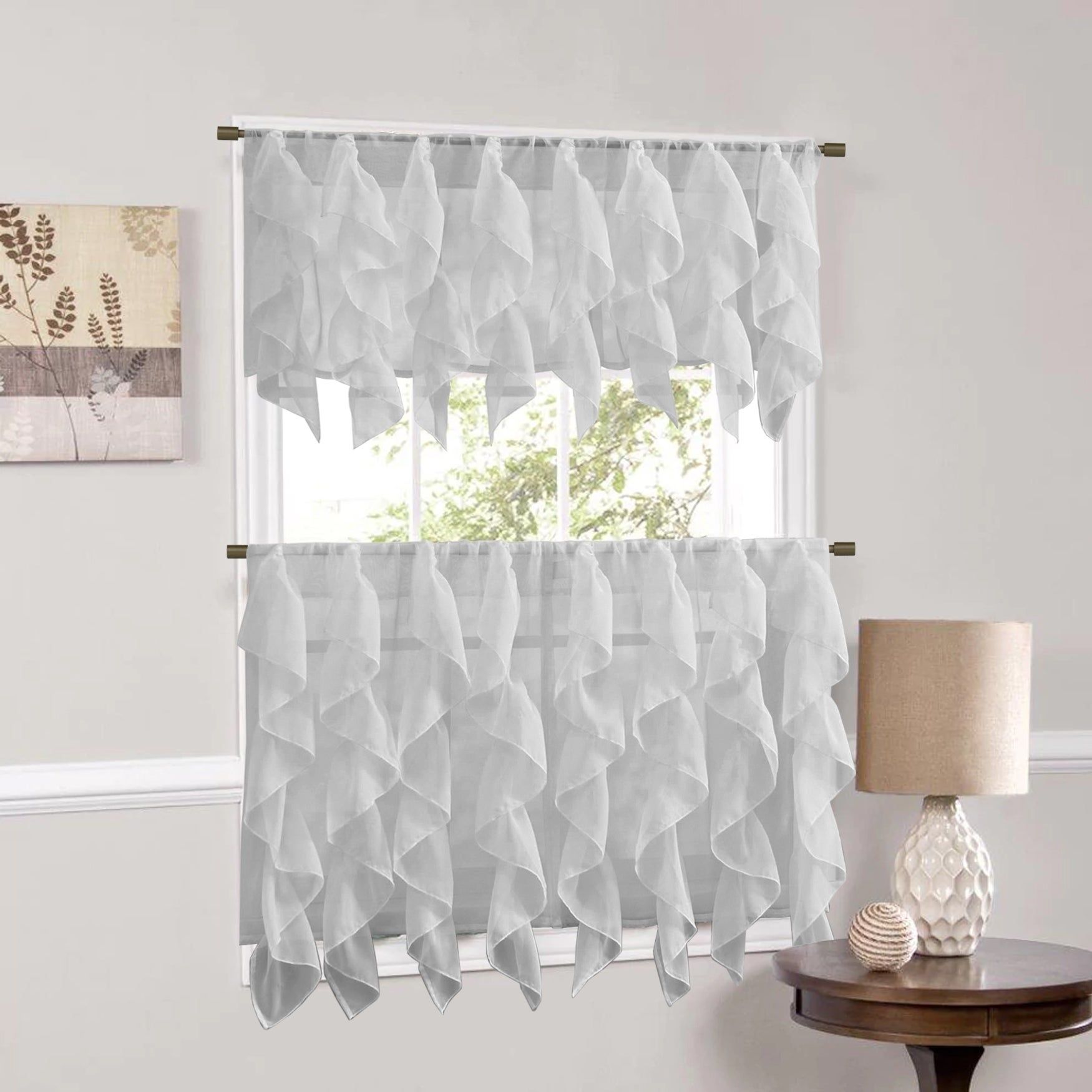 Sweet Home Collection Silver Vertical Ruffled Waterfall Valance And Curtain  Tiers Inside Navy Vertical Ruffled Waterfall Valance And Curtain Tiers (Photo 3 of 20)