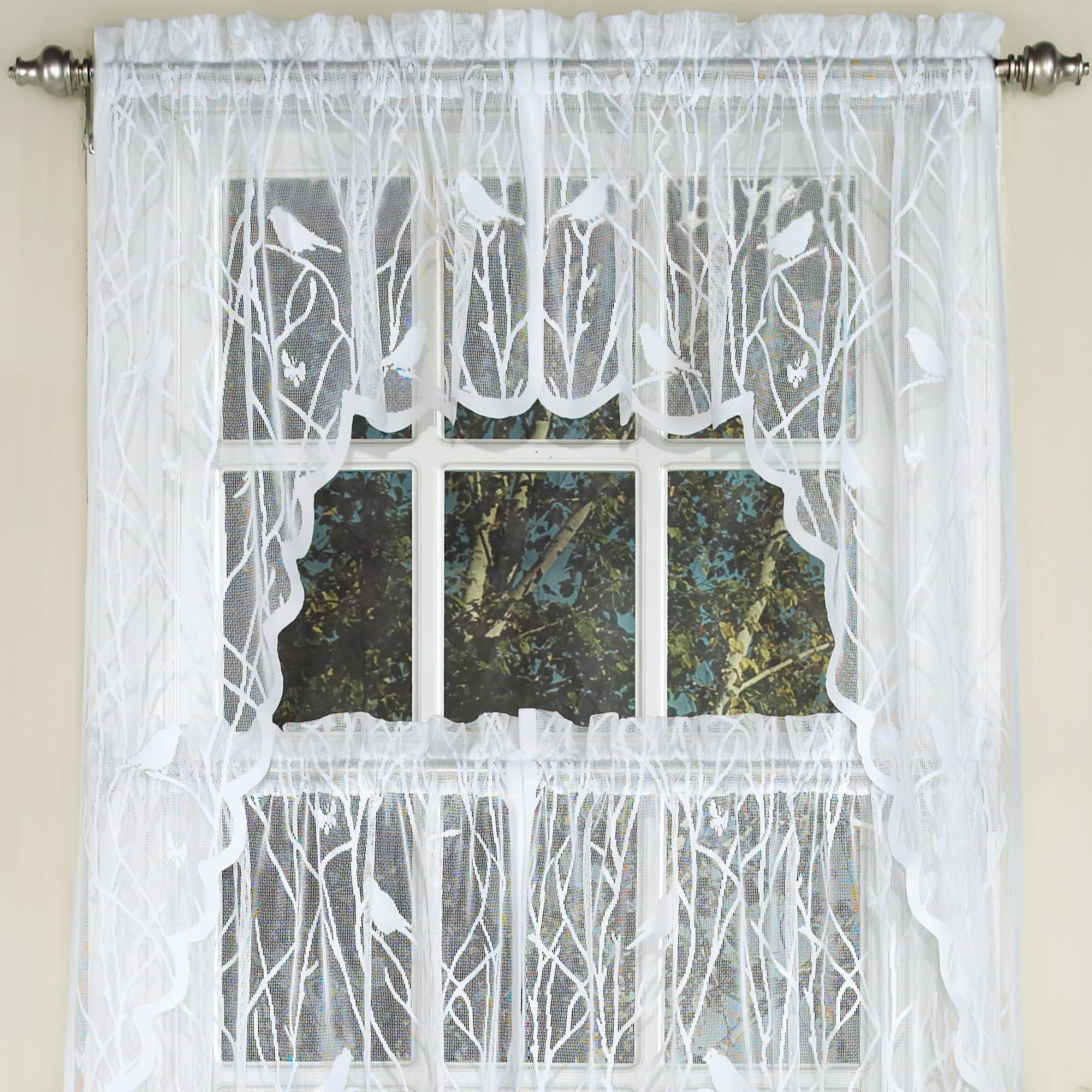 Sweet Home Collection White Polyester Knit Lace Bird Motif Pertaining To White Knit Lace Bird Motif Window Curtain Tiers (View 2 of 20)