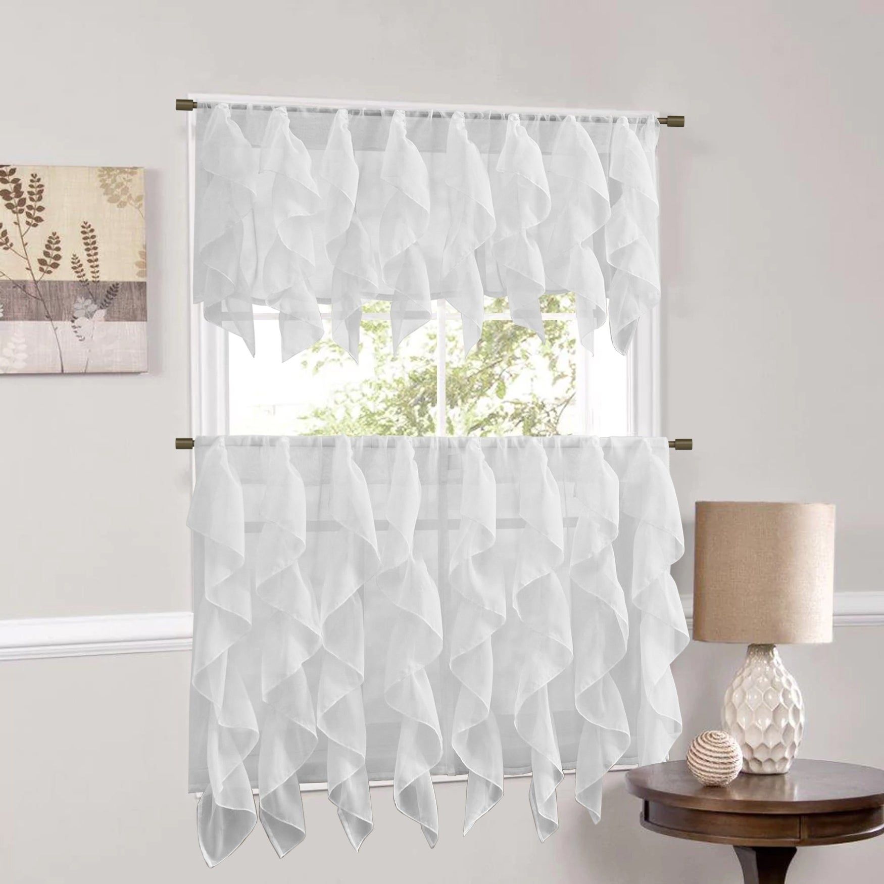 Sweet Home Collection White Vertical Ruffled Waterfall Valances And Curtain  Tiers For Vertical Ruffled Waterfall Valances And Curtain Tiers (View 3 of 20)