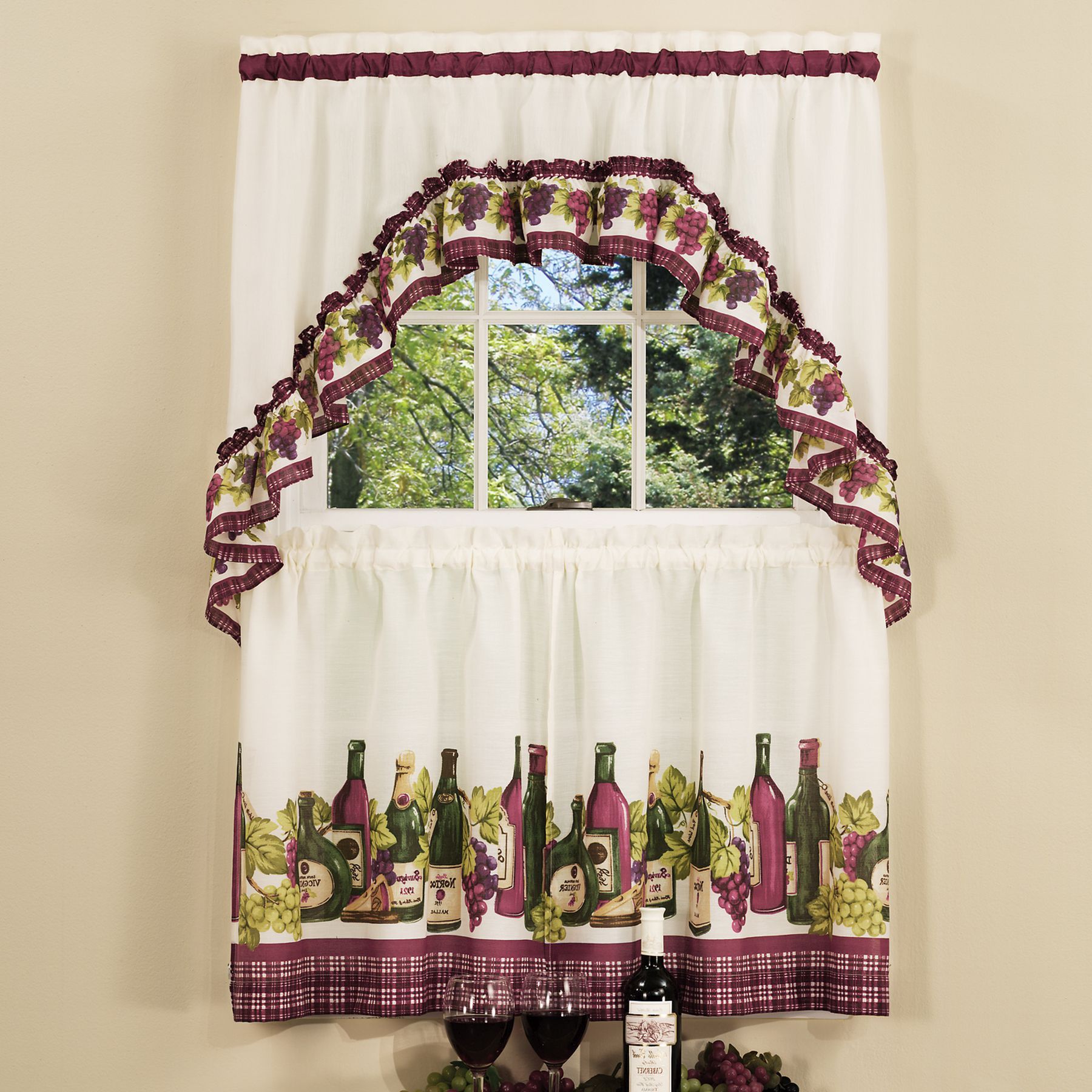 Traditional Elegance Chardonnay – Printed Tier And Swag Window Curtain Set  – 57x24 – Burgundy – Walmart For Chardonnay Tier And Swag Kitchen Curtain Sets (View 5 of 20)