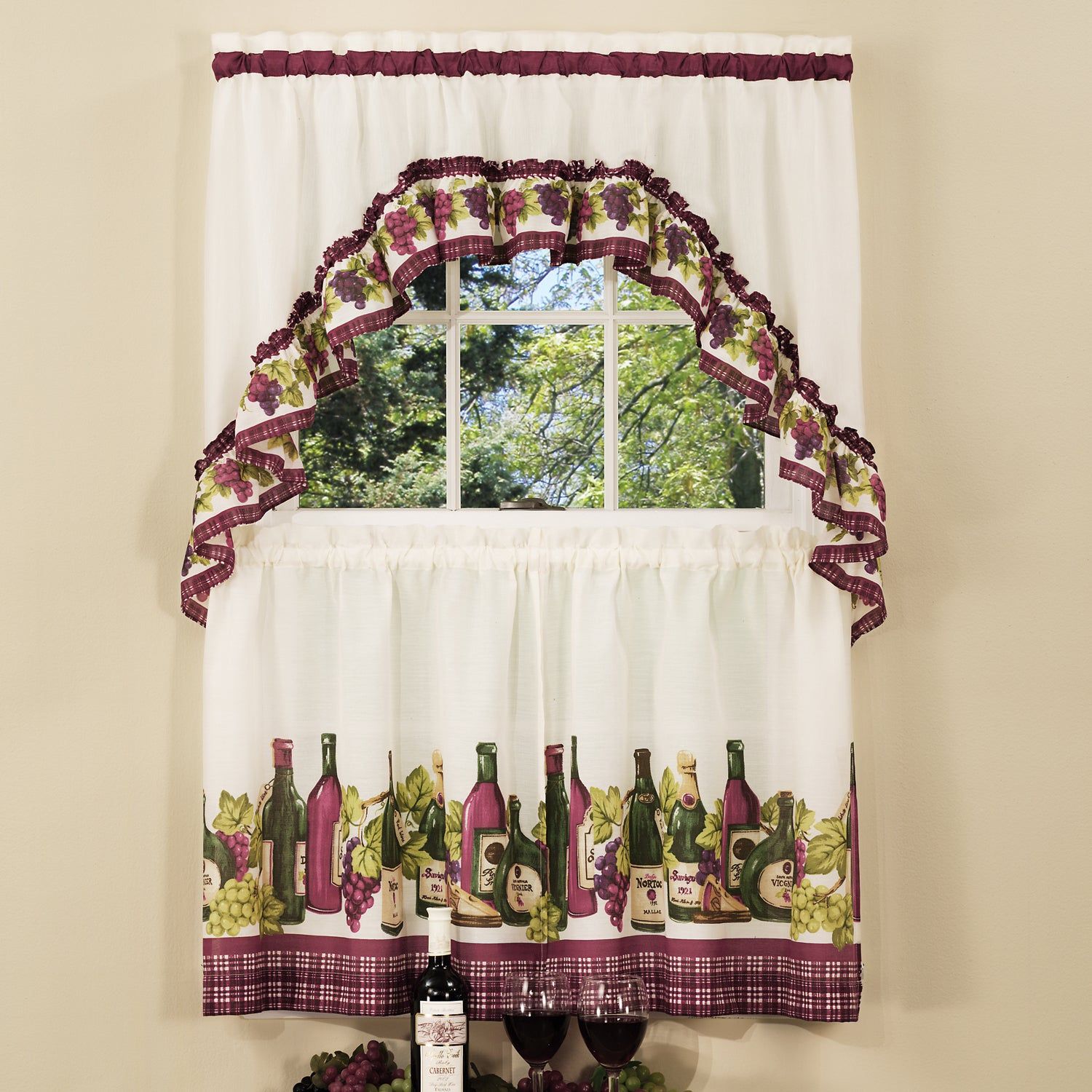 Traditional Two Piece Tailored Tier And Swag Window Curtains Set With  Classic French Wine And Grapes Print – 36 Inch Regarding 5 Piece Burgundy Embroidered Cabernet Kitchen Curtain Sets (View 3 of 20)