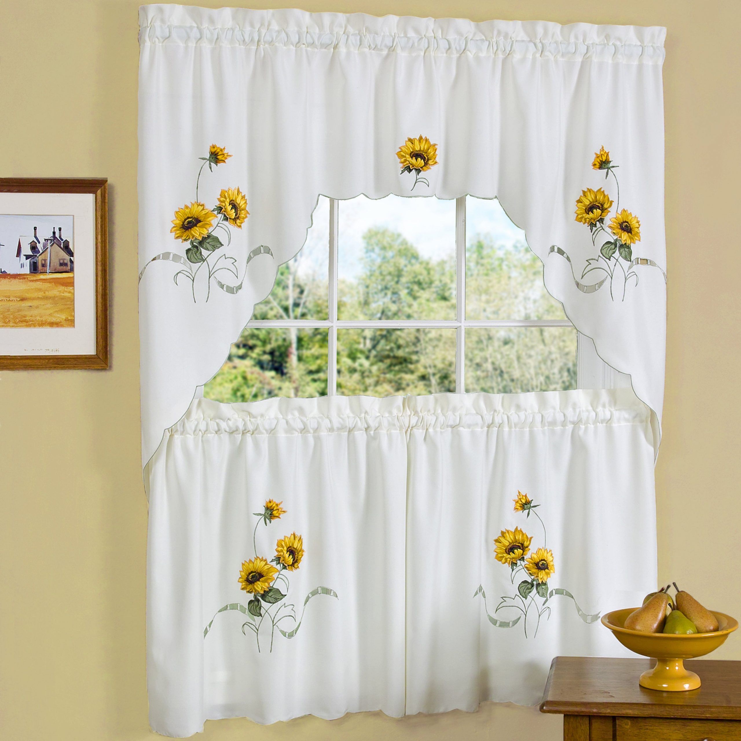 Traditional Two Piece Tailored Tier And Swag Window Curtains Set With  Embroidered Yellow Sunflowers – 36 Inch With Window Curtains Sets With Colorful Marketplace Vegetable And Sunflower Print (View 3 of 20)