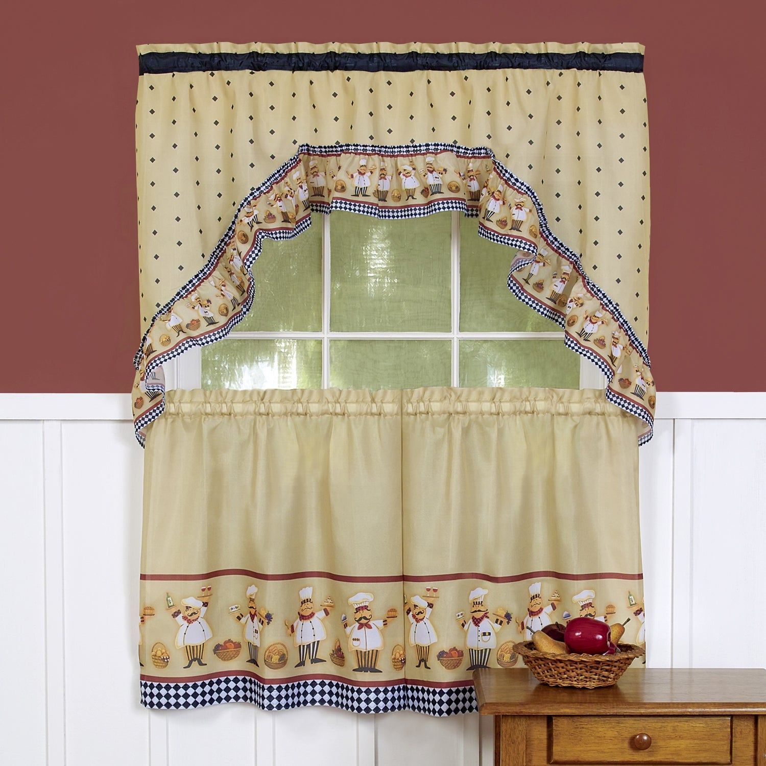 Traditional Two Piece Tailored Tier And Swag Window Curtains Set With Happy  Chef Print Pertaining To Traditional Tailored Tier And Swag Window Curtains Sets With Ornate Flower Garden Print (Photo 1 of 20)