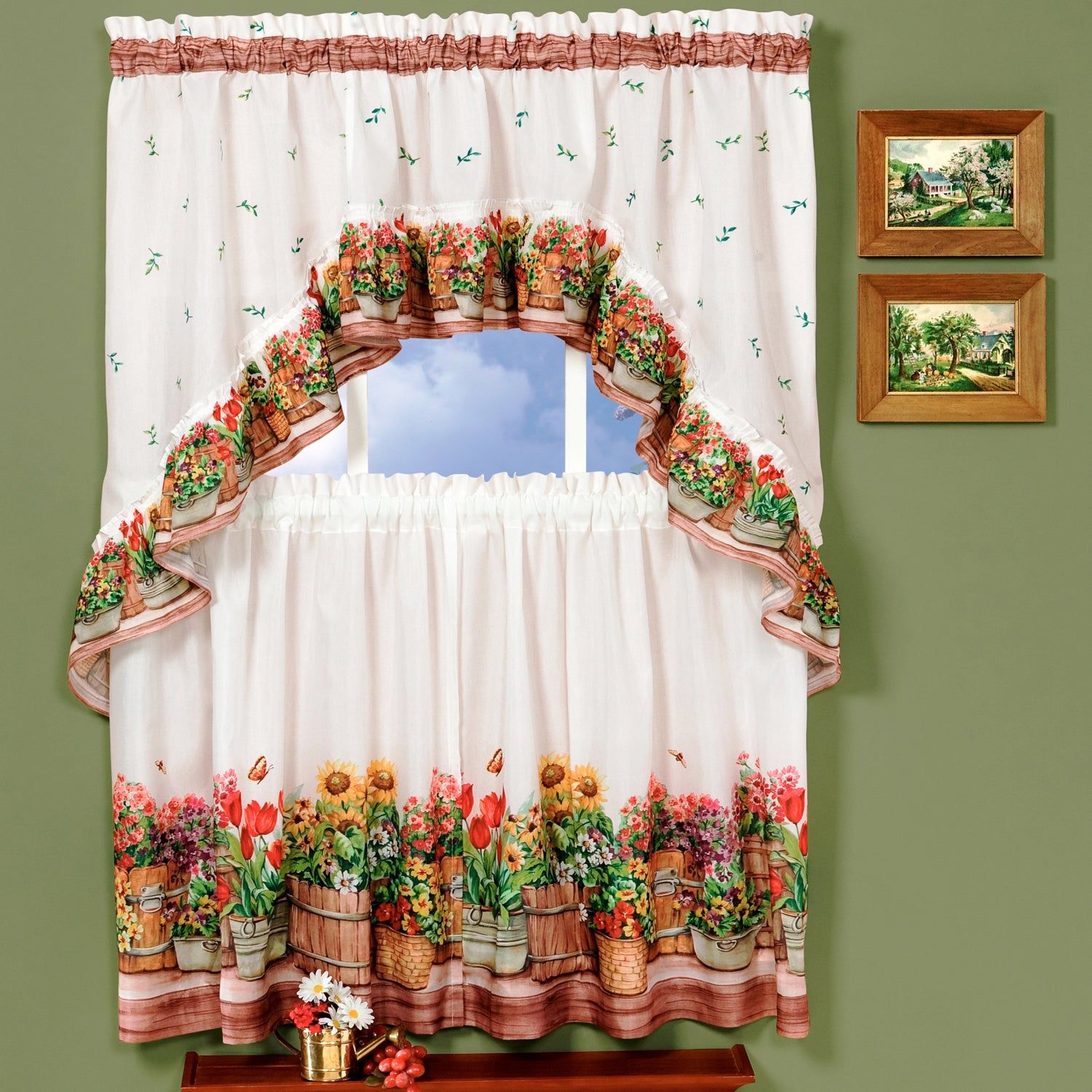 Traditional Two Piece Tailored Tier And Swag Window Curtains Set With  Ornate Flower Garden Print – 36 Inch Pertaining To Traditional Two Piece Tailored Tier And Swag Window Curtains Sets With Ornate Rooster Print (Photo 2 of 20)