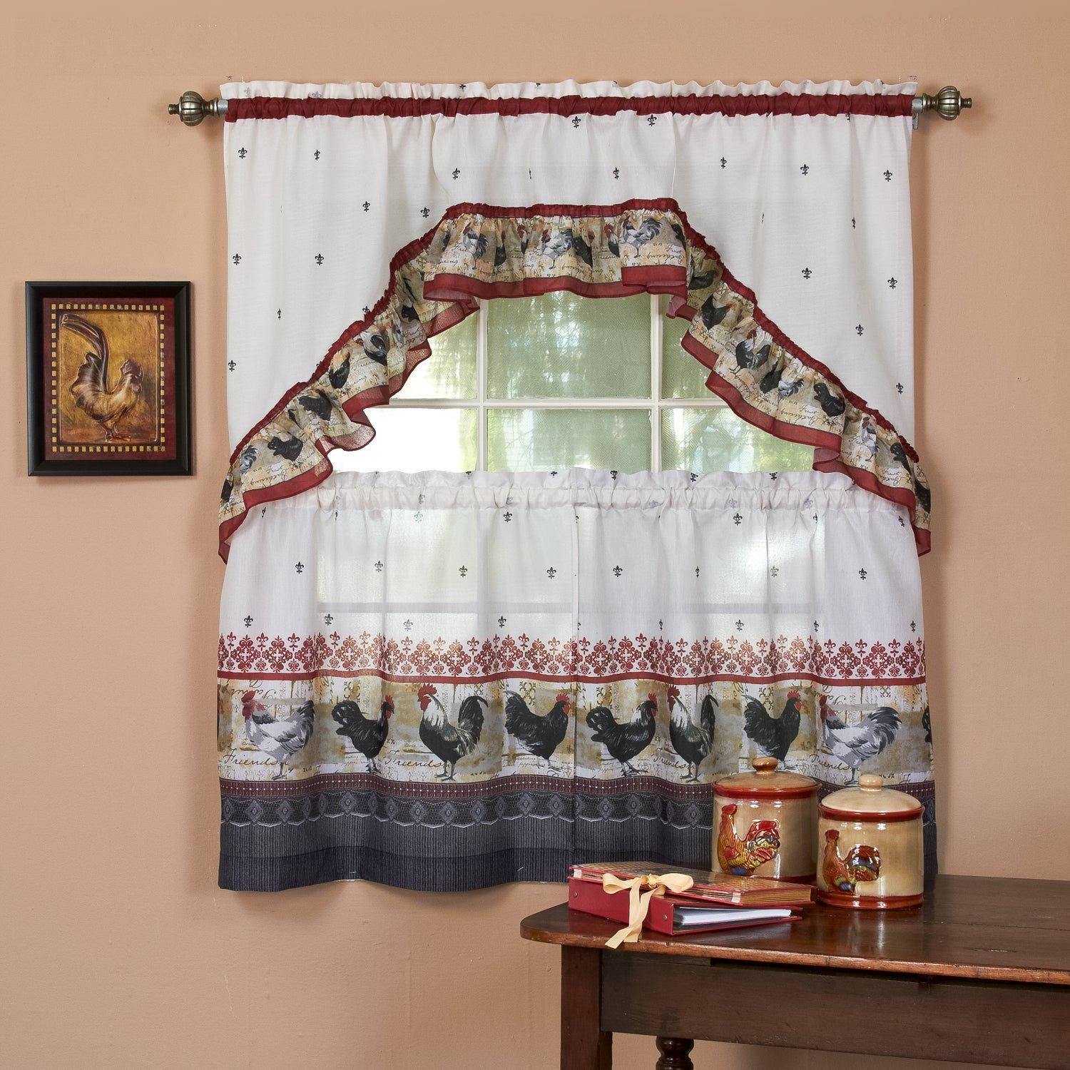 Traditional Two Piece Tailored Tier And Swag Window Curtains Set With  Ornate Rooster Print – 36 Inch Regarding Window Curtains Sets With Colorful Marketplace Vegetable And Sunflower Print (View 17 of 20)