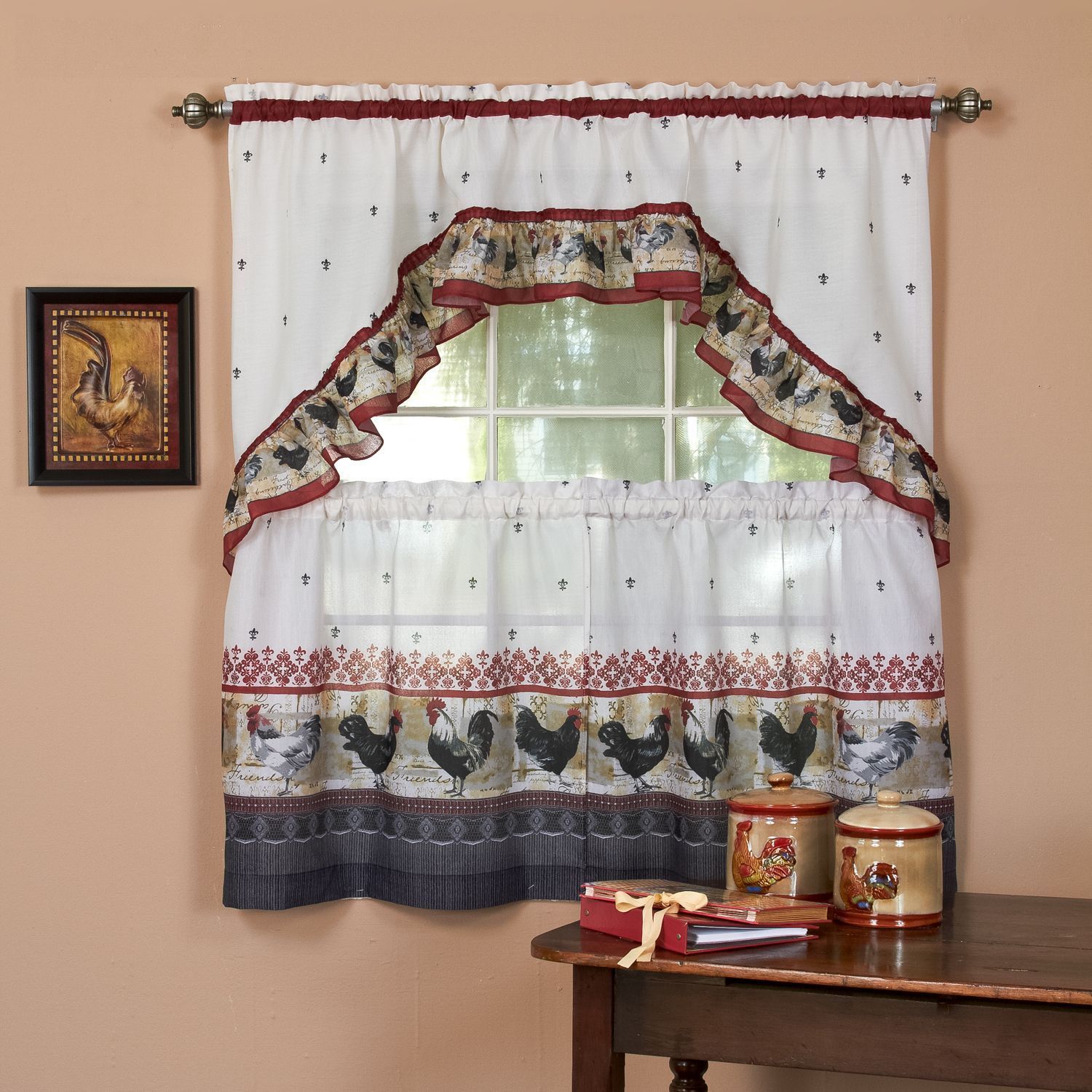 Traditional Two Piece Tailored Tier And Swag Window Curtains With Regard To Traditional Two Piece Tailored Tier And Swag Window Curtains Sets With Ornate Rooster Print (Photo 1 of 20)