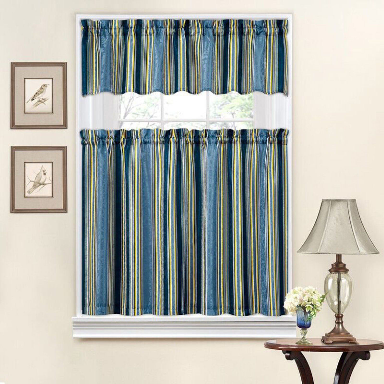 Traditionswaverly Stripe Ensemble Tier And Valance Set For Floral Watercolor Semi Sheer Rod Pocket Kitchen Curtain Valance And Tiers Sets (Photo 3 of 20)