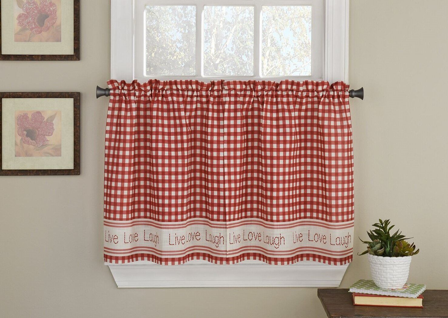 Turley Live Laugh Love Checkered Tier Pair Cafe Curtain For Live, Love, Laugh Window Curtain Tier Pair And Valance Sets (Photo 5 of 20)
