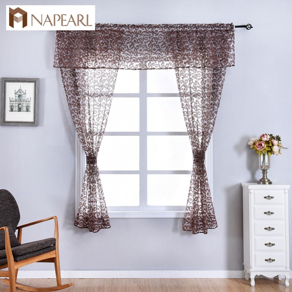 Us $3.66 52% Off|napearl Classic Floral Kitchen Rod Pocket Curtains Window  Valance And Tiers Sheer Short Drapes Jacquard Tulle Bay Window Voile In Within Rod Pocket Kitchen Tiers (Photo 17 of 20)