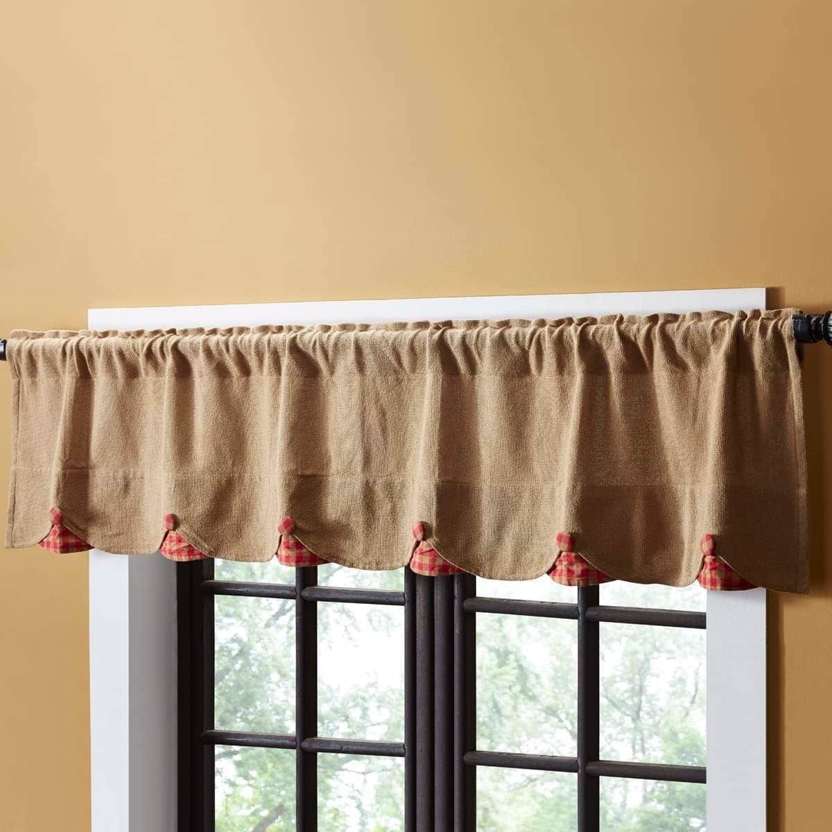 Vhc Brands Burlap W/ Check Scalloped Valance (red – 16" X 72 Regarding Red Primitive Kitchen Curtains (View 9 of 20)
