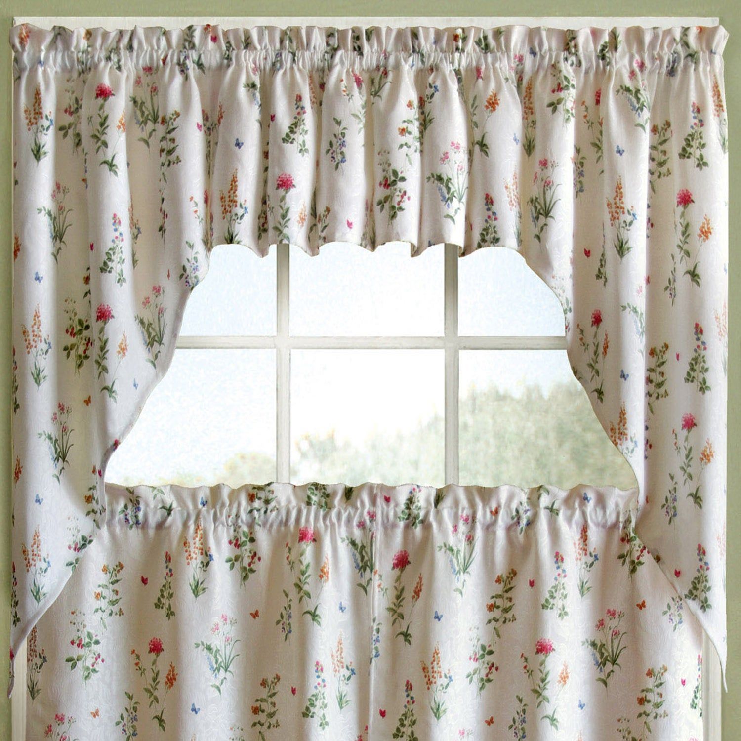 Vibrant Floral Garden Motif Jacquard Window Curtain Pieces In Floral Lace Rod Pocket Kitchen Curtain Valance And Tiers Sets (View 15 of 20)