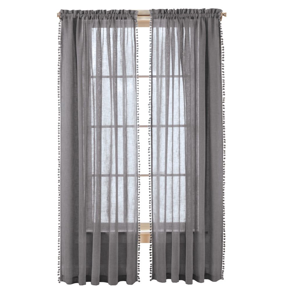 Wallace Pom Pom Trim Linen Like Curtain Panel, 52"x84", Grey Intended For Wallace Window Kitchen Curtain Tiers (View 12 of 20)