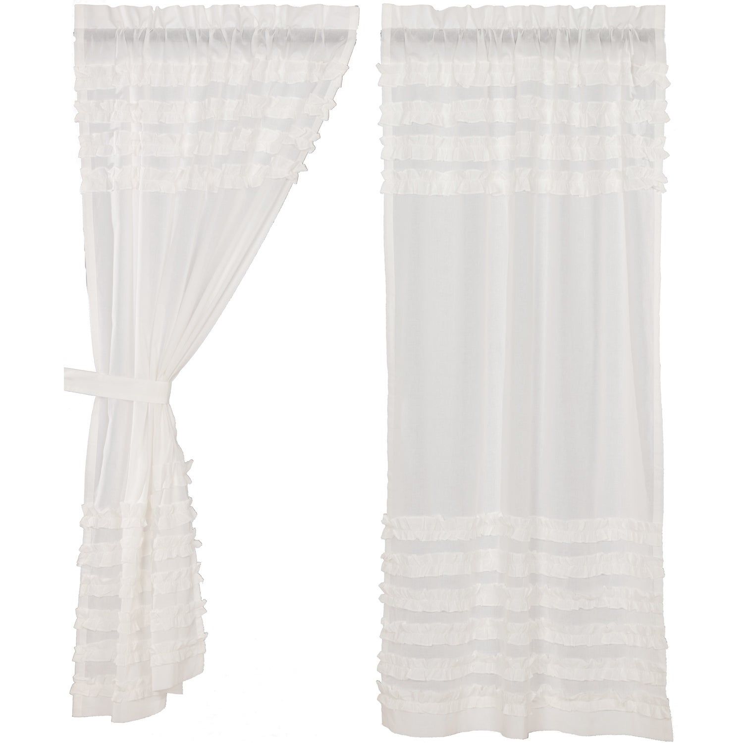 White Farmhouse Curtains Vhc White Ruffled Sheer Petticoat Panel Pair Rod  Pocket Cotton Solid Color Ruched Ruffle Sheer For White Ruffled Sheer Petticoat Tier Pairs (View 4 of 20)