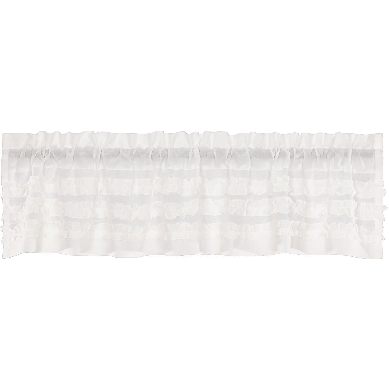 White Farmhouse Kitchen Curtains Vhc White Ruffled Sheer Petticoat Valance  Rod Pocket Cotton Solid Color Ruched Ruffle Regarding Rod Pocket Cotton Solid Color Ruched Ruffle Kitchen Curtains (Photo 1 of 20)