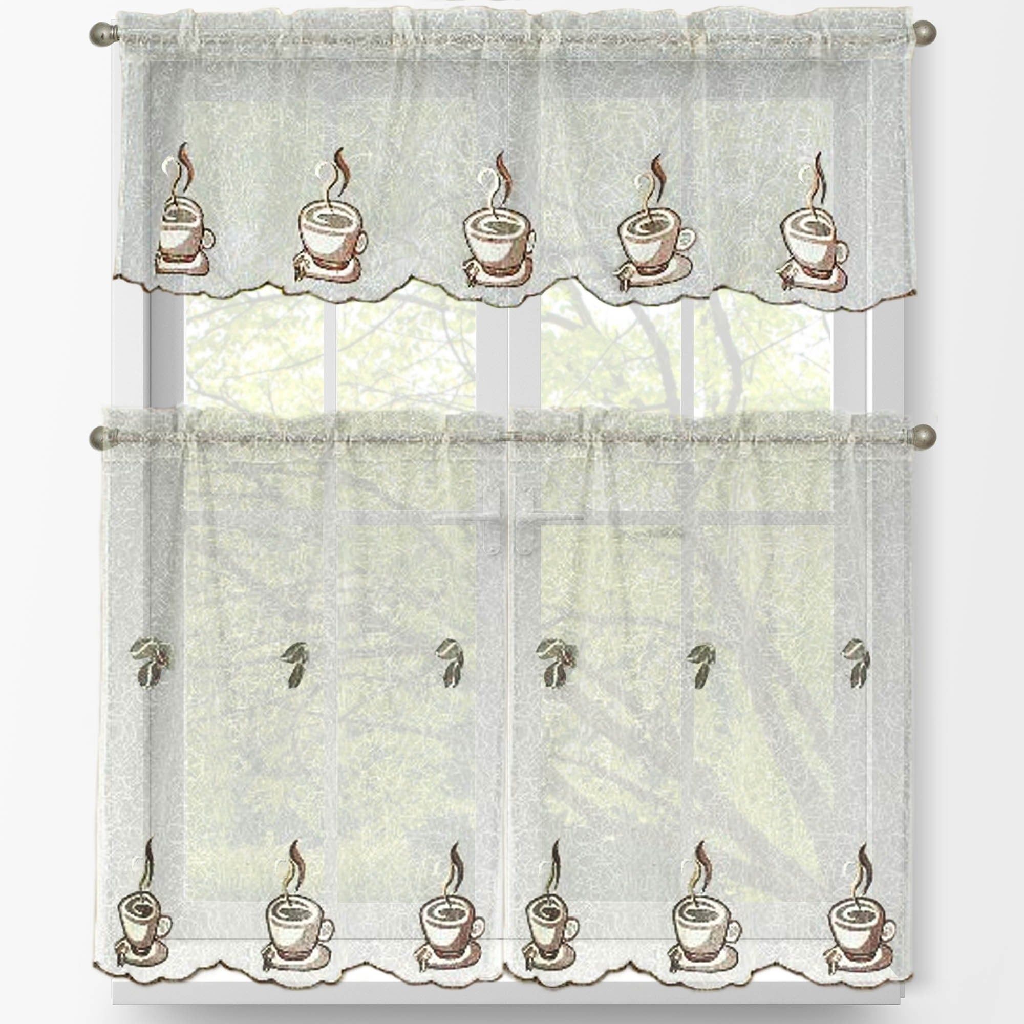 Window Elements Embroidered 3 Piece Kitchen Tier And Valance Set Inside Coffee Embroidered Kitchen Curtain Tier Sets (Photo 16 of 20)