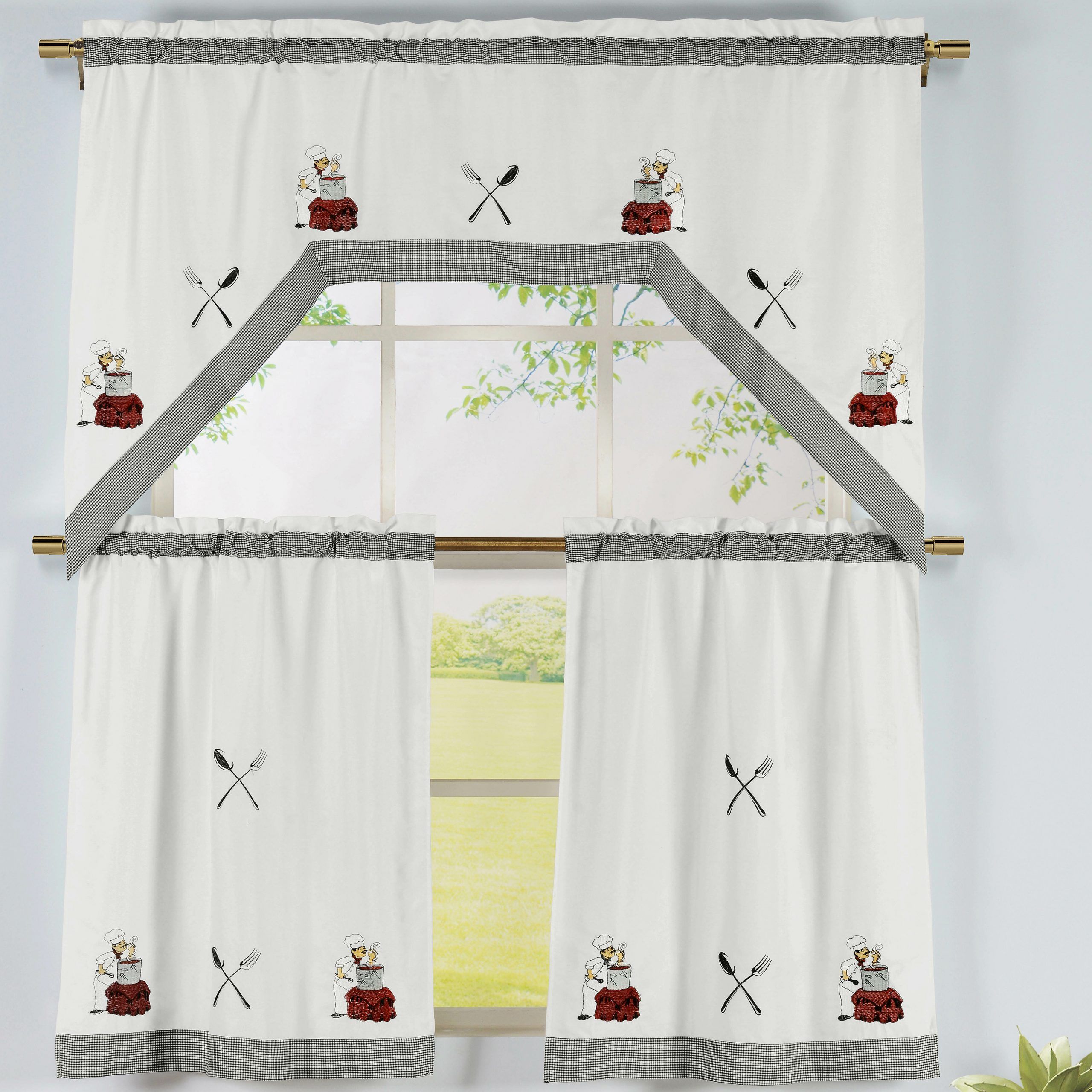 Window Elements Savory Chef 3 Piece Embroidered Kitchen Pertaining To Embroidered Chef Black 5 Piece Kitchen Curtain Sets (Photo 9 of 20)