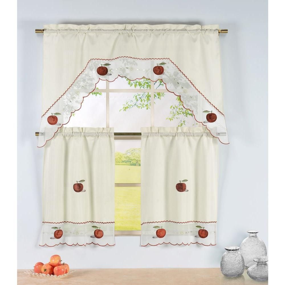 Window Elements Semi Opaque Apple Time Embroidered 3 Piece Kitchen Curtain  Tier And Valance Set Pertaining To Embroidered Chef Black 5 Piece Kitchen Curtain Sets (Photo 7 of 20)